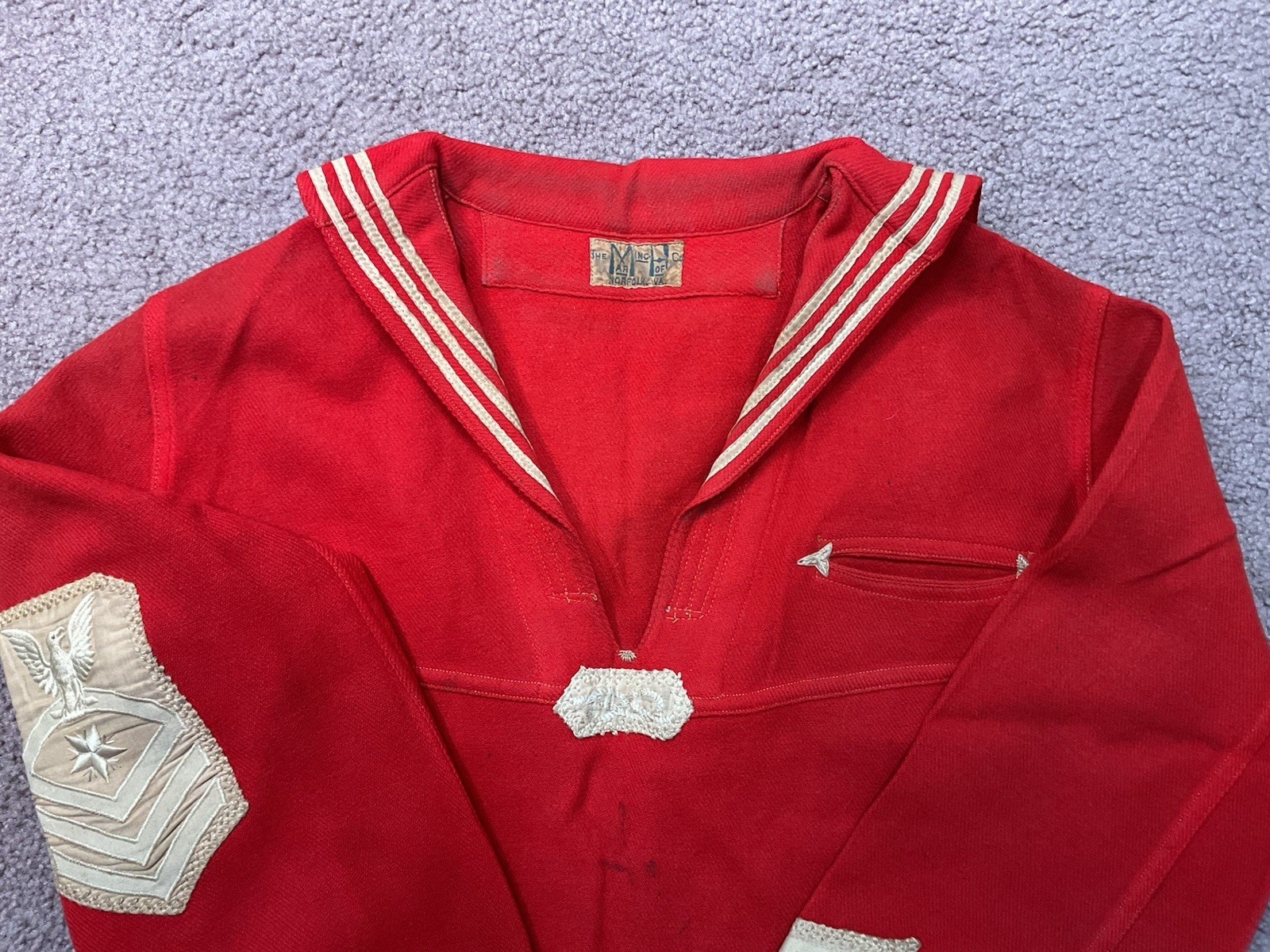 Early 1920’s Red Wool Sailor Style Uniform Shirt Blouse Pullover With Patch
