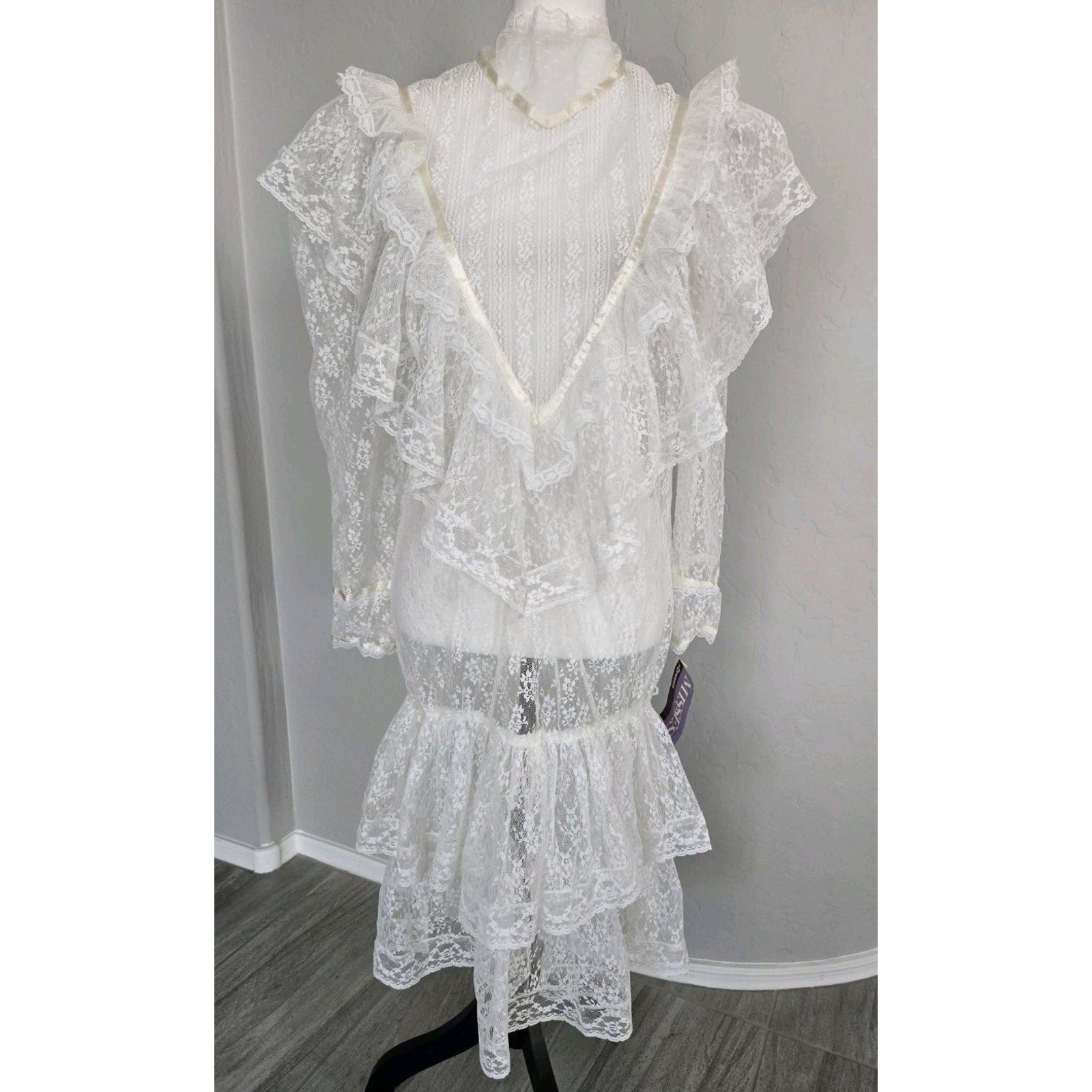 Vtg Street Scene Victorian Style Layered Overlay Sheer Lace Dress Sz 15/16 *Read