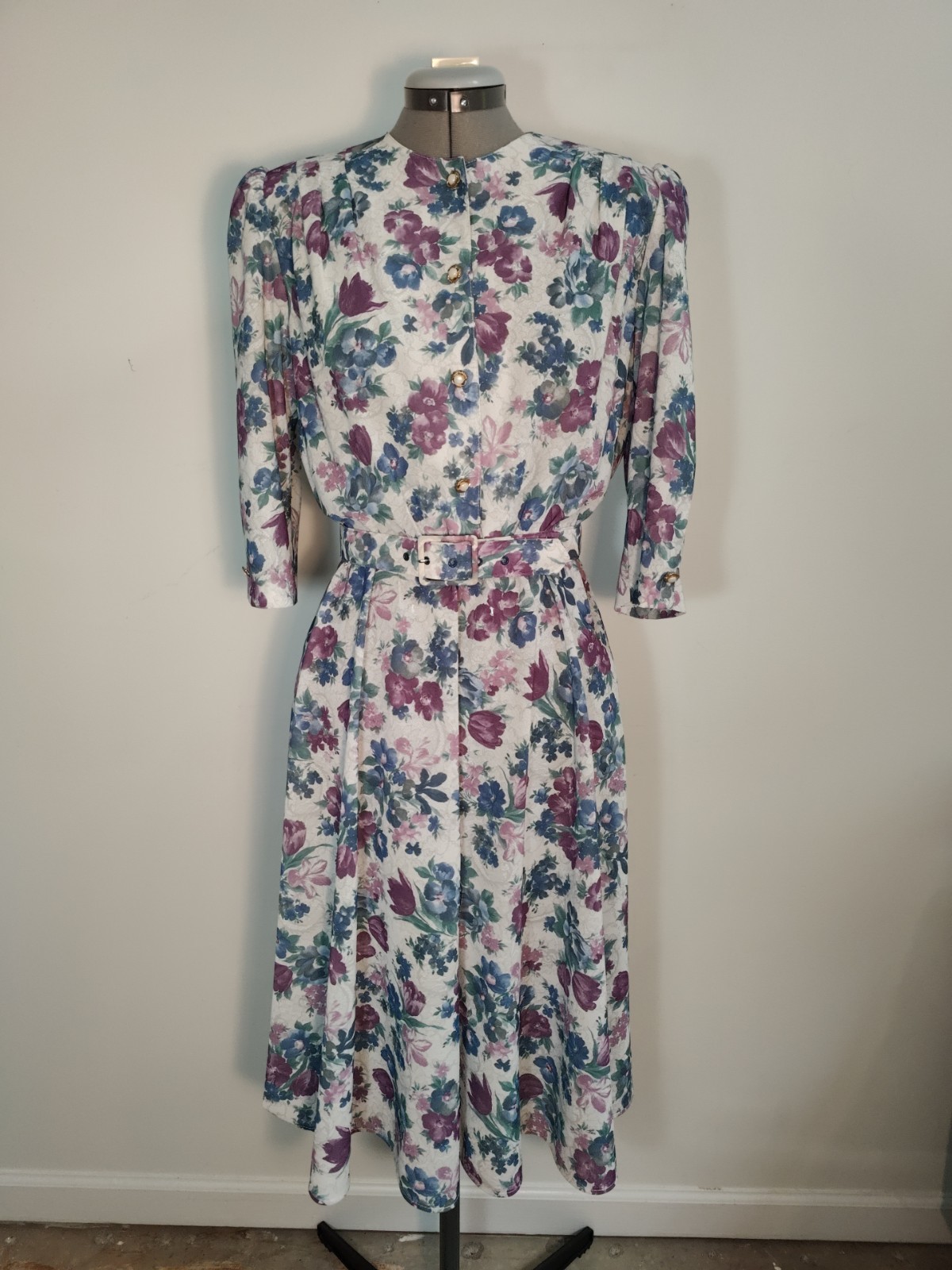 VTG 80s California Looks Floral Midi Dress Blue Pink