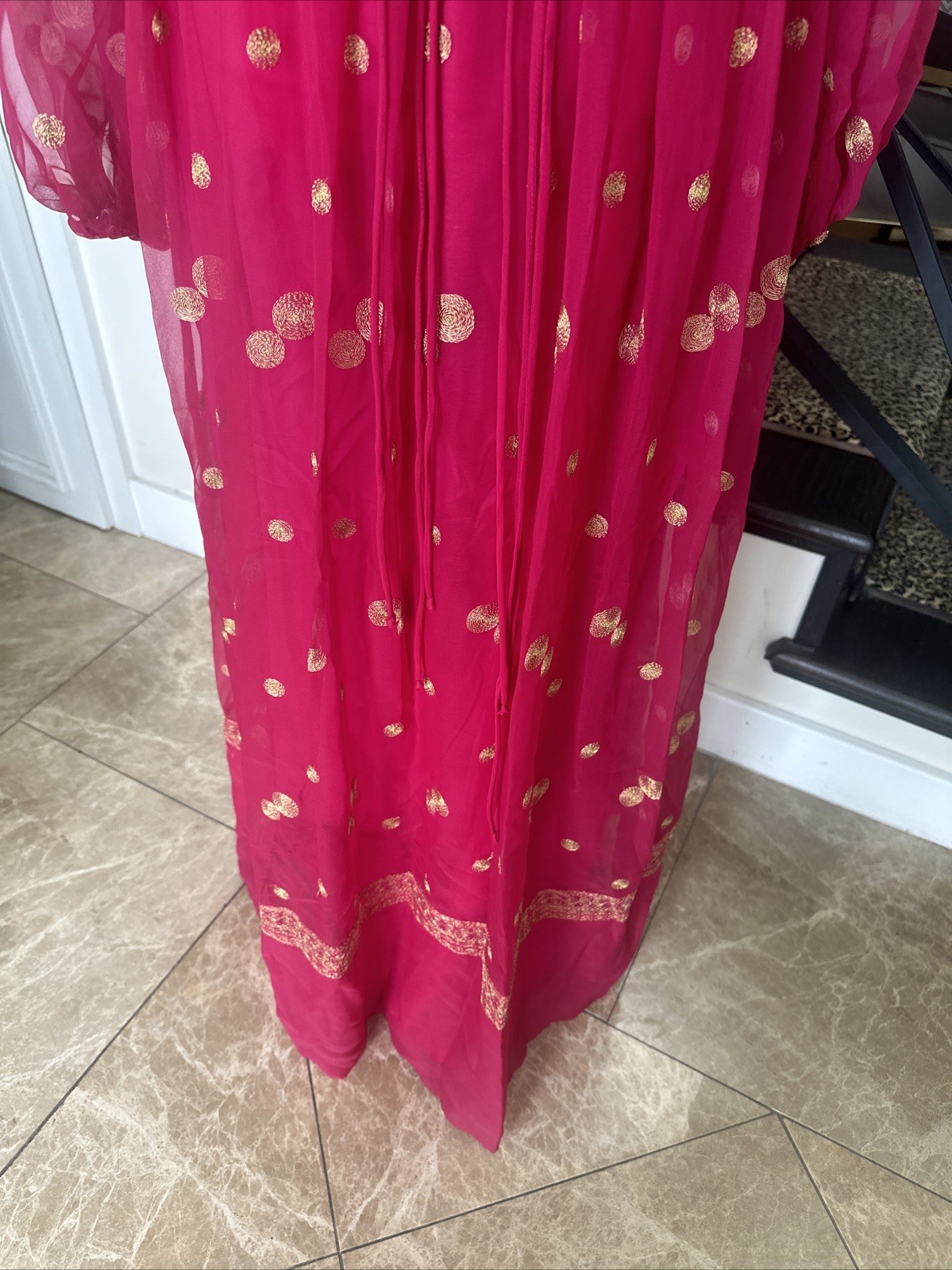 Jack Bryan NWT 70s Raspberry Pink Voile & Gold Embroidery Blouson Maxi Dress S