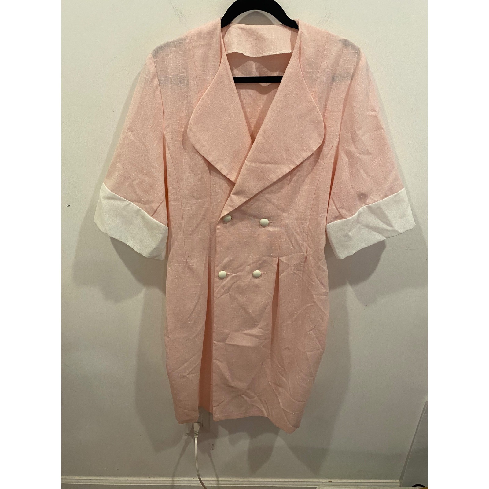 Vintage Pink Double Breasted Blazer Dress White Cuffed Short Sleeve Pastel 80s