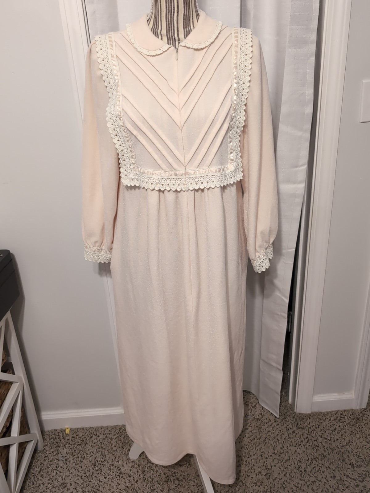 Vanity Fair Pink Nightgown with Pink Ribbon Cream Lace Trim, Pockets- Small