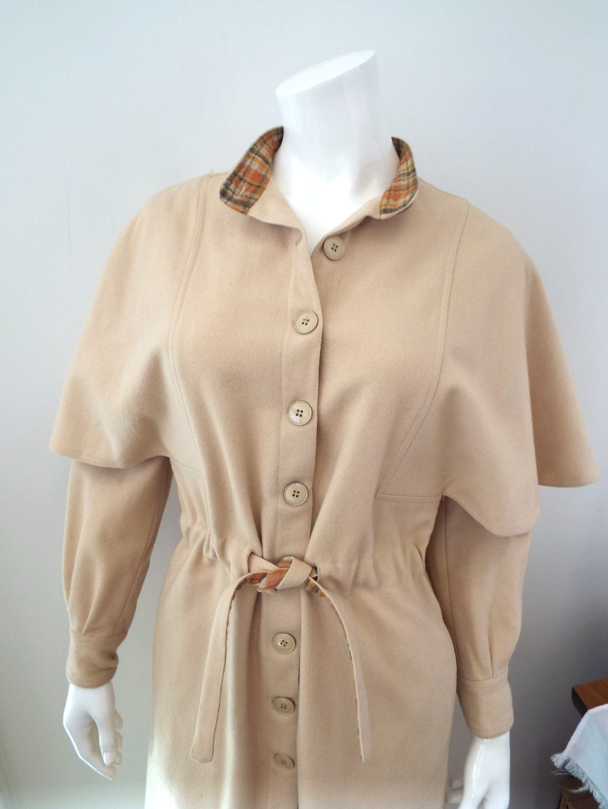 VTG 1970s KENZO JAP Beige Wool Coat Dress Size 8 Cape Pockets Sakowitz Houston