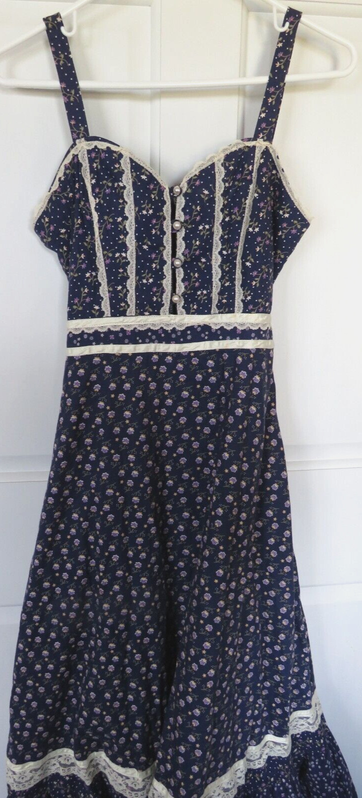 Vtg Sundress Prairie Dress Gunne Sax Blue Floral Homespun Size 11 Sash Rare