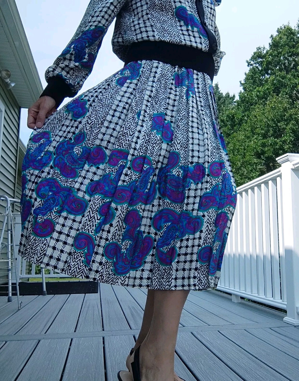 🎄🎁VTG Silk 💯 2 Piece Set Bomber Jacket & Pleated Skirt Sz 12 Check & Paisley
