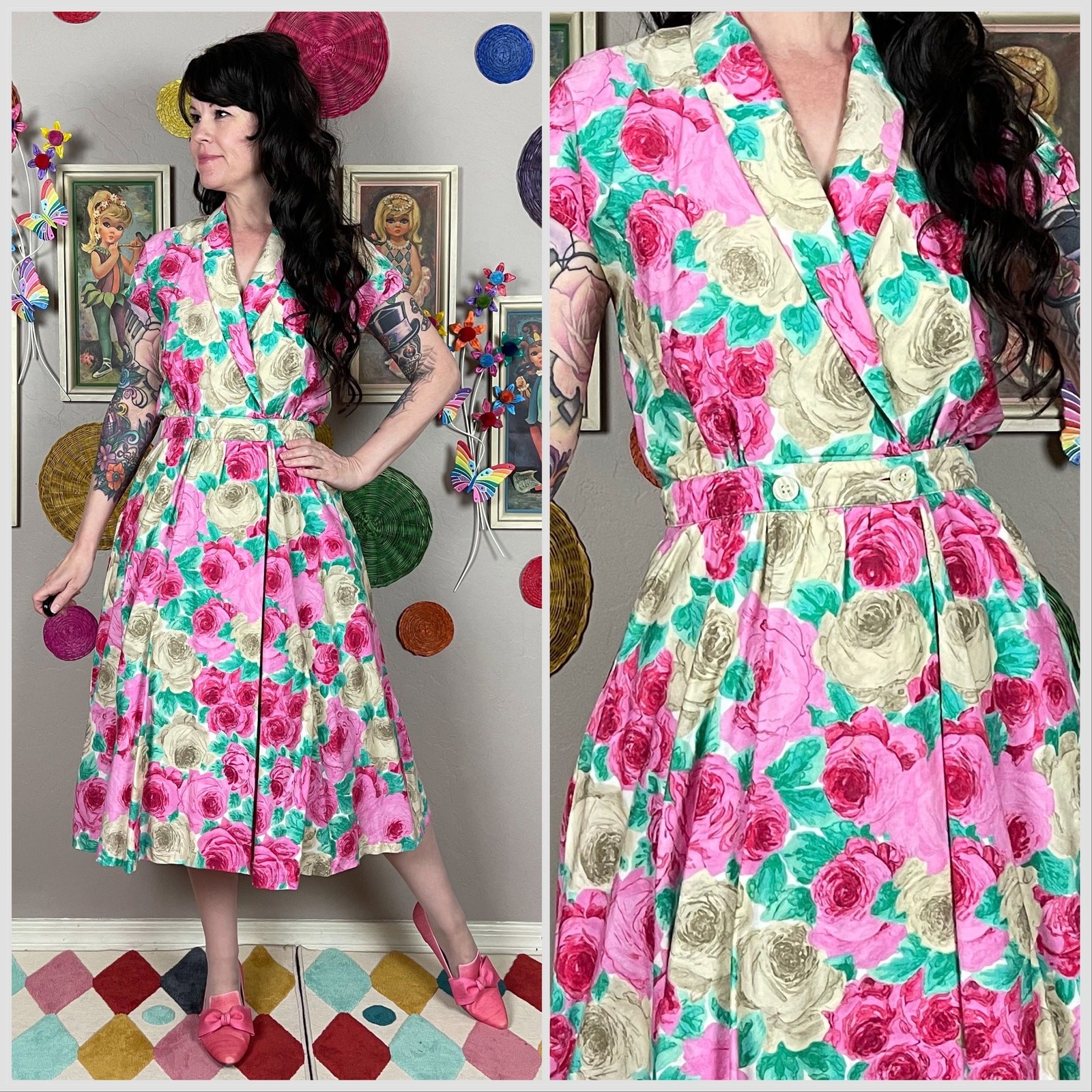 Vintage 1970s Pink and Cream Floral Short Sleeve Wrap Dress | 27&Prime;- 28&Prime; Waist