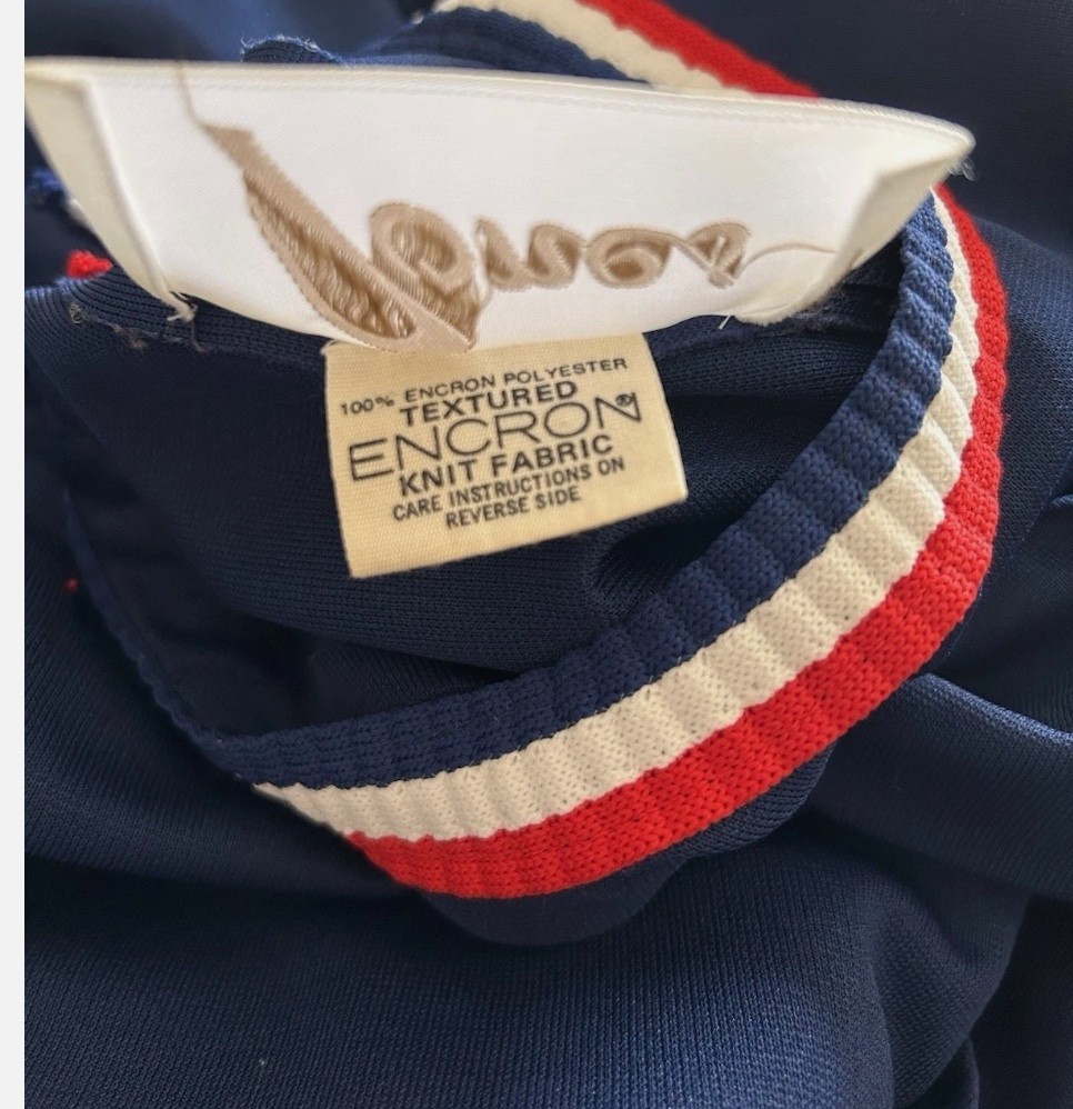 70s Maxi Dress w/Jacket Size Small Blue Red White Trim Belt Crew Short Sleeve