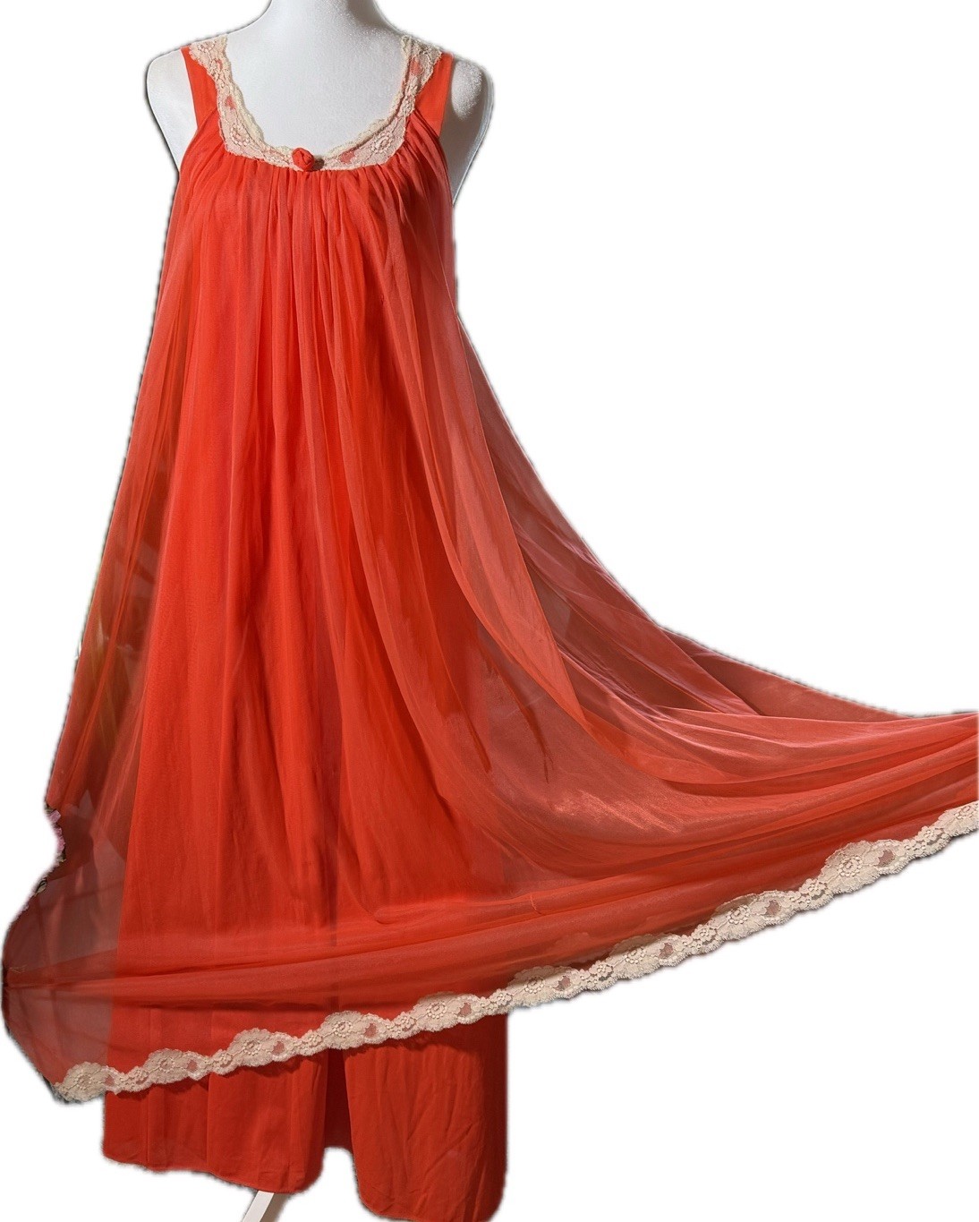 Vtg Intime Nightgown & Robe Double Chiffon Peignoir Set Flame Orange Sweep S M +