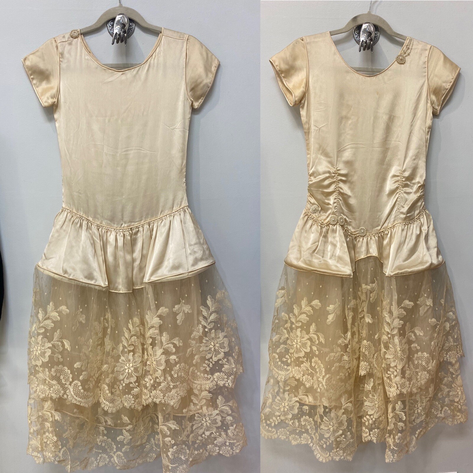 1920s Silk & lace wedding dress veil with wax flowers bra shoes trousseau