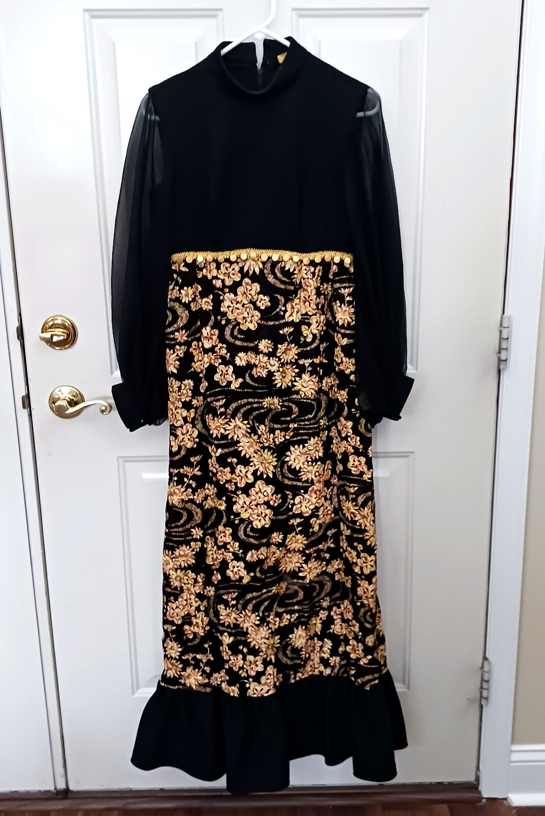 Vintage 60s 70s Hostess Dress Black Floral Long Size Small Mod Gold Metallic