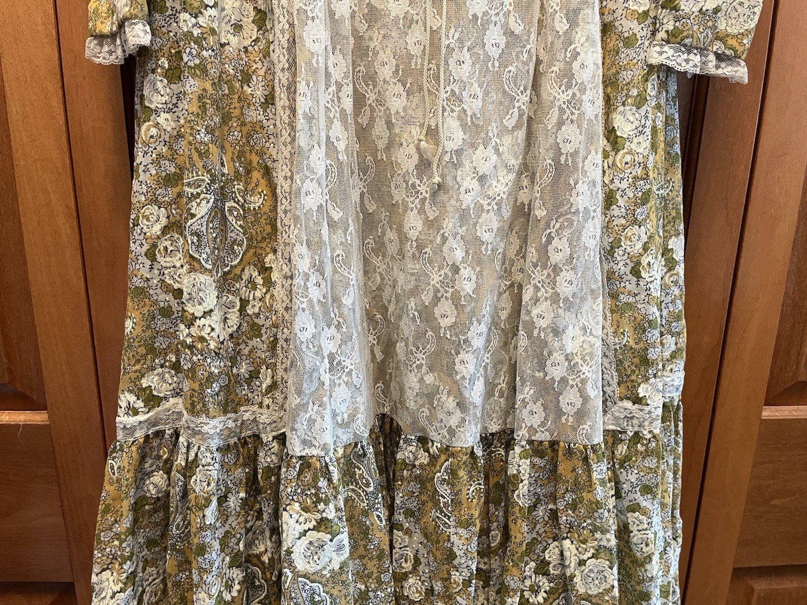 Vintage Floral Green Tan Floral Lace No Tags Prairie Maxi Dress