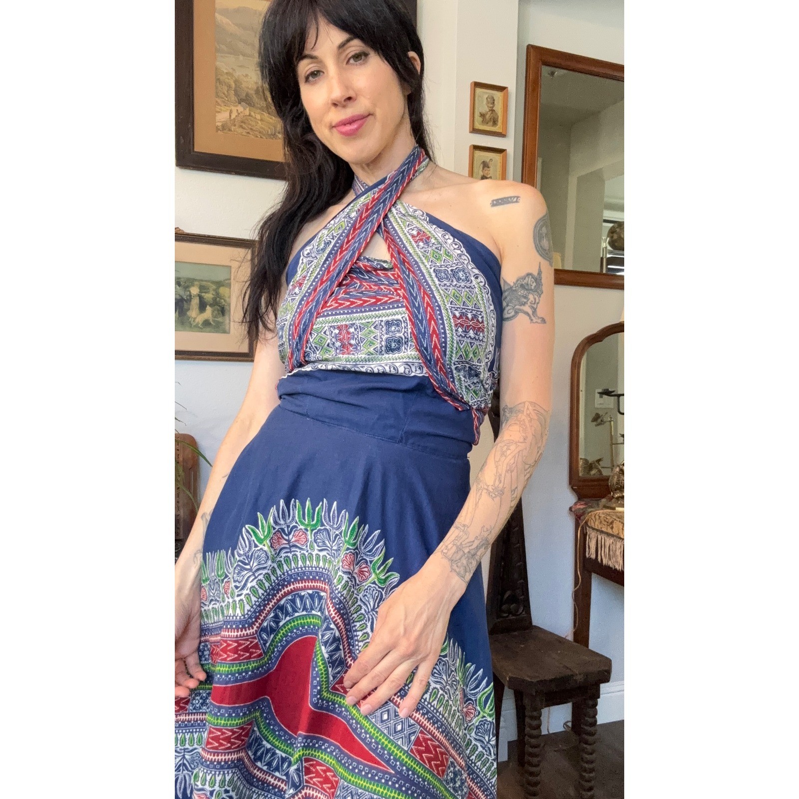 Vintage 60s 70s wrap convertible halter dress dashiki print hippie bohemian