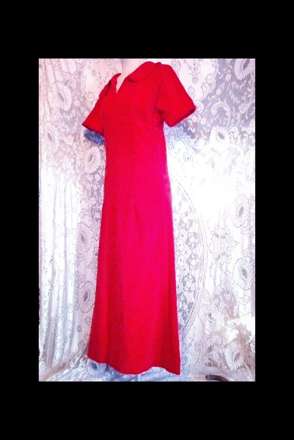VTG 60s Empire Waist Bright Red Soft Cotton Fitted Maxi Velvet Dress S