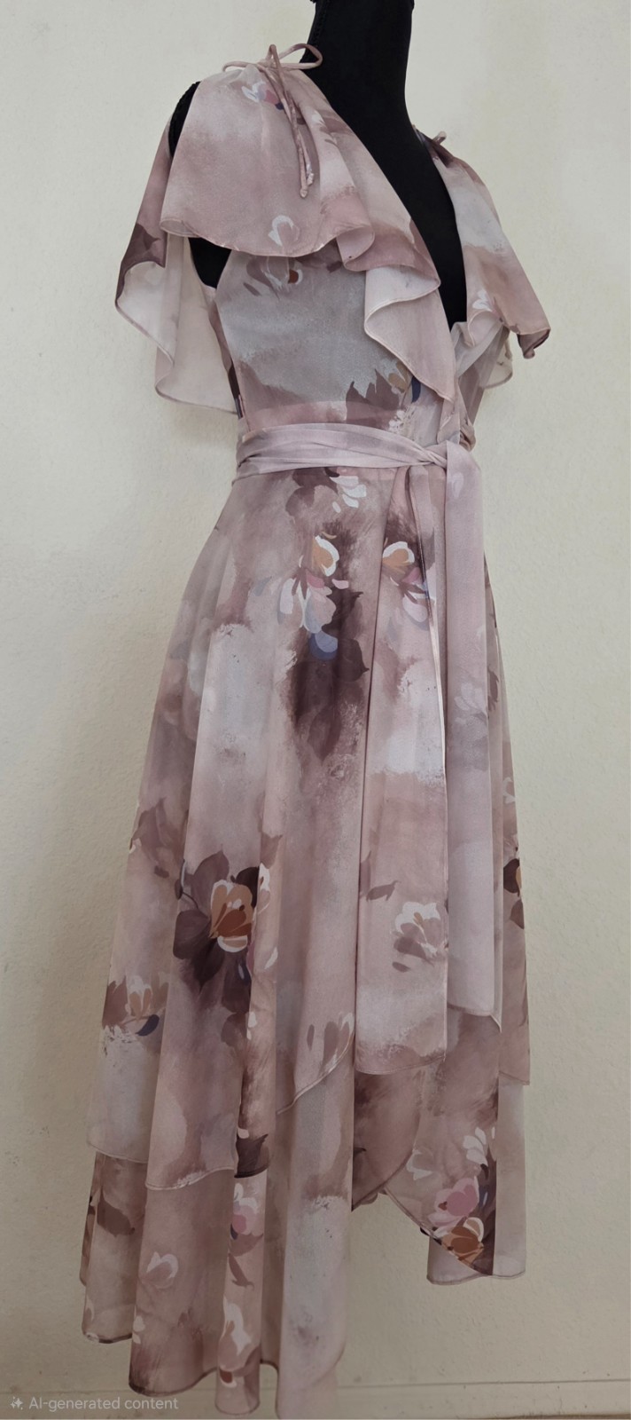 Vintage 1970&rsquo;s Joseph Magnin Floral Wrap Layered Dress with Tie Cap Sleeves