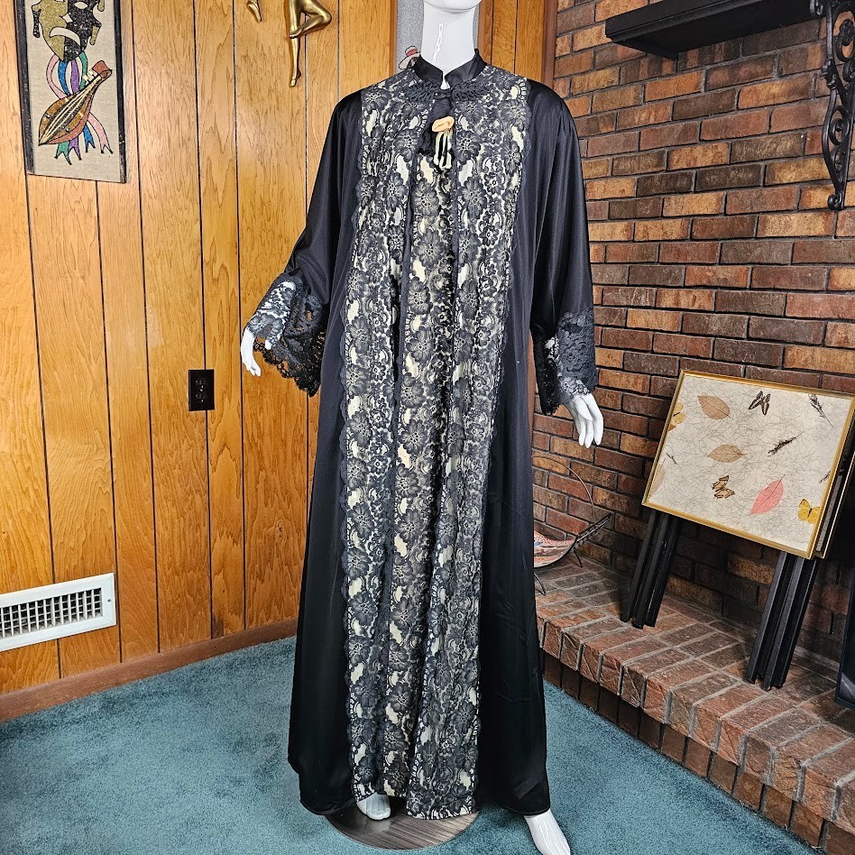 Vtg 60s Gothic Illusion Lace Romantic Peignoir Nightgown Robe Hostess Gown OS