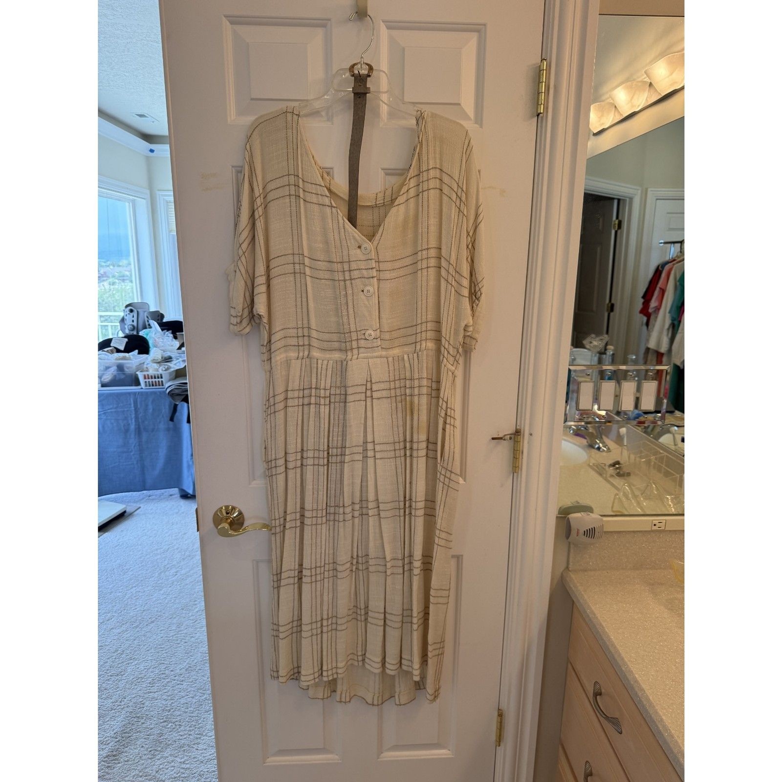 Plaid Button Front Midi Dress with Belt Cream Brown Plaid Size L/XL