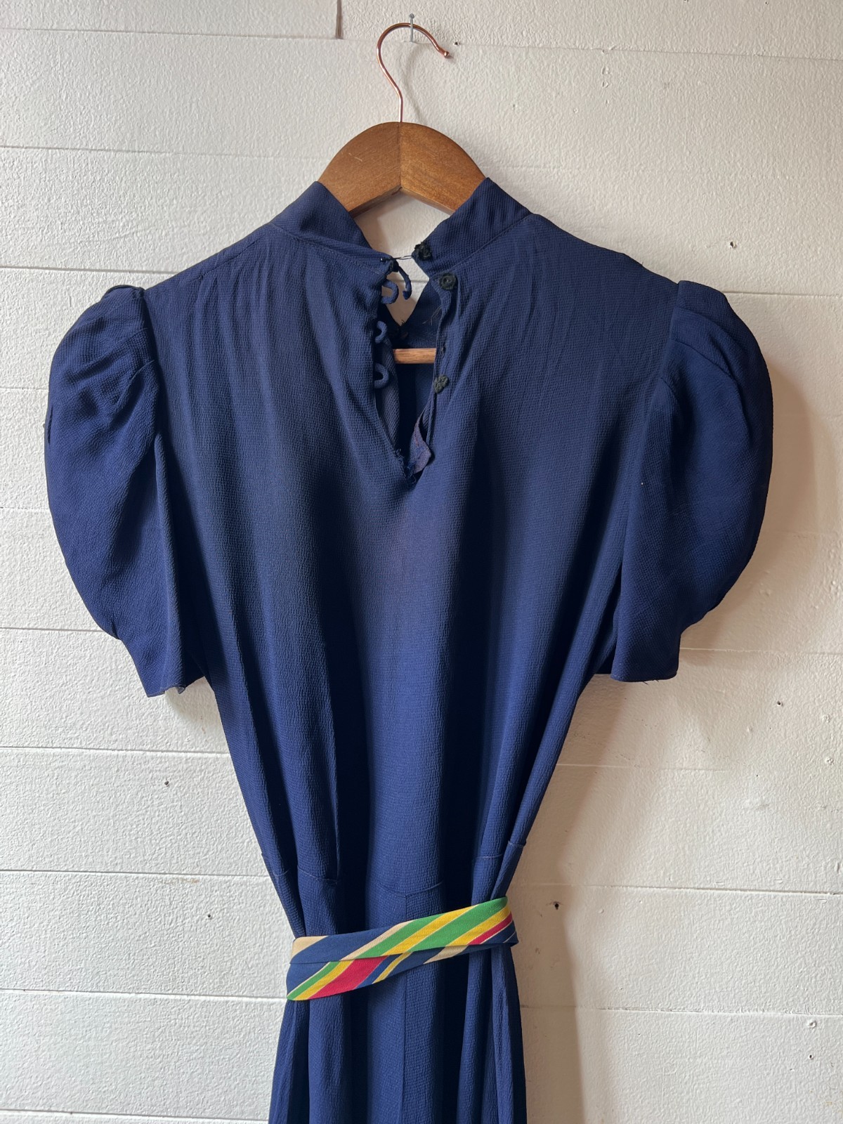 Vintage 1940s Blue Dress Striped Accents AS IS – 34x28x43 AR FL