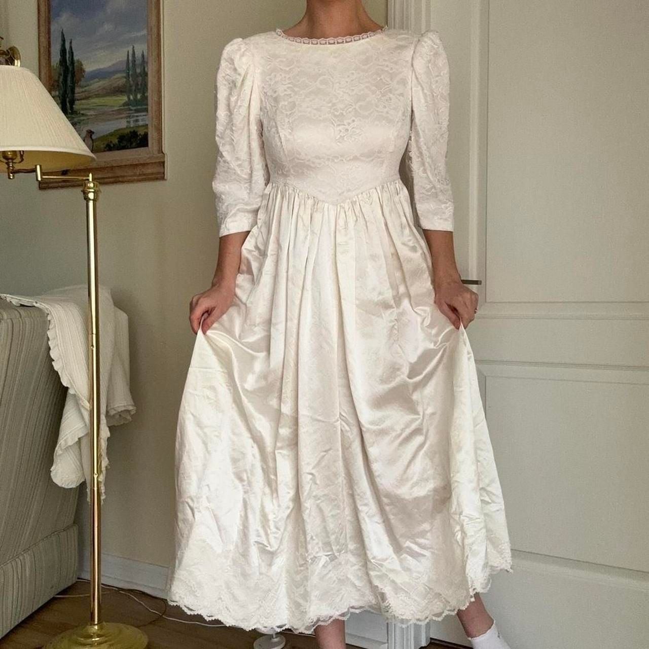 Vintage Handmade White Lace Basque Waist Gown with Puffy Sleeves