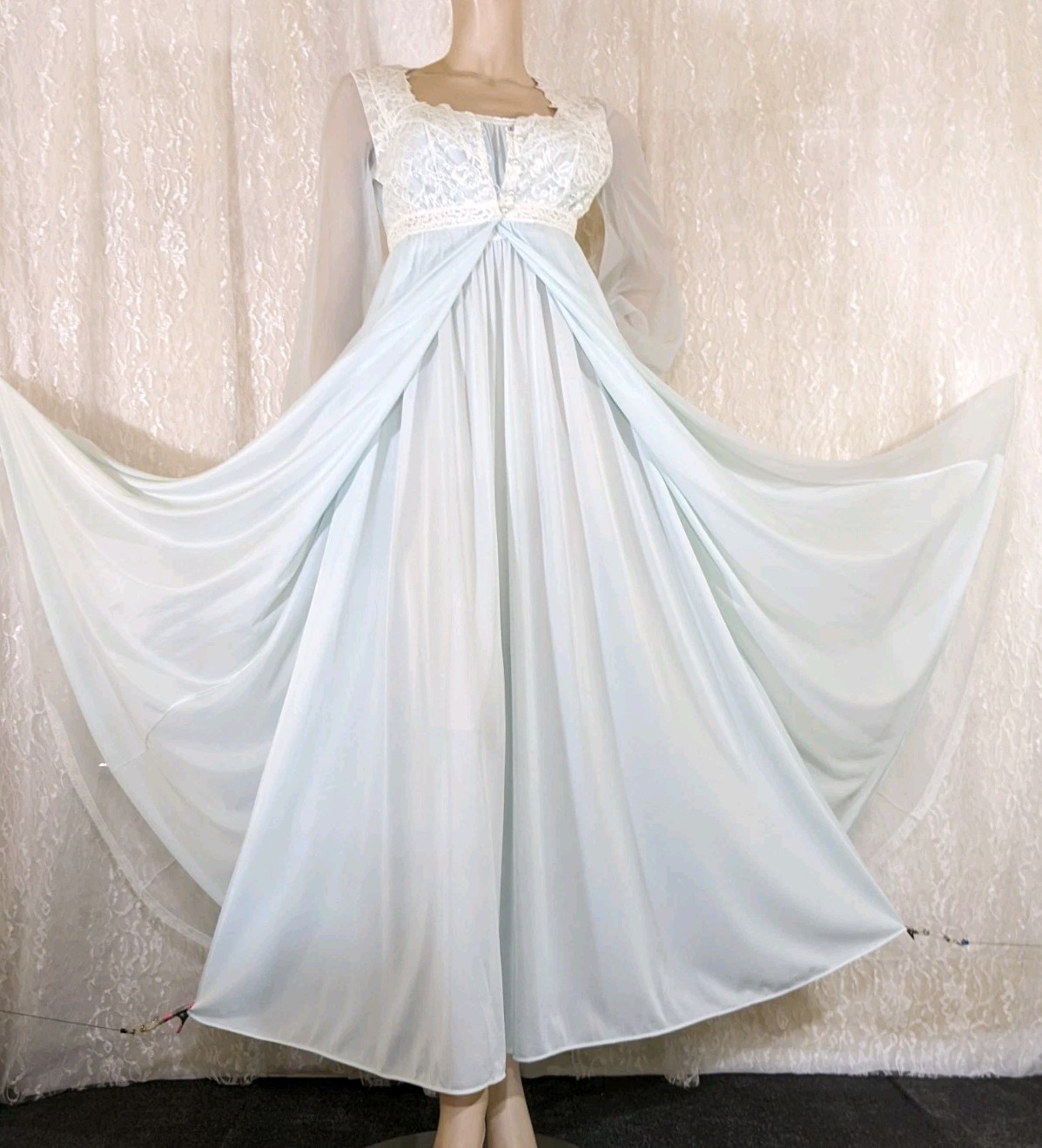 VTG Olga Stretch Full Sweep Lace Lingerie Nightgown Chiffon Peignoir Robe Set S