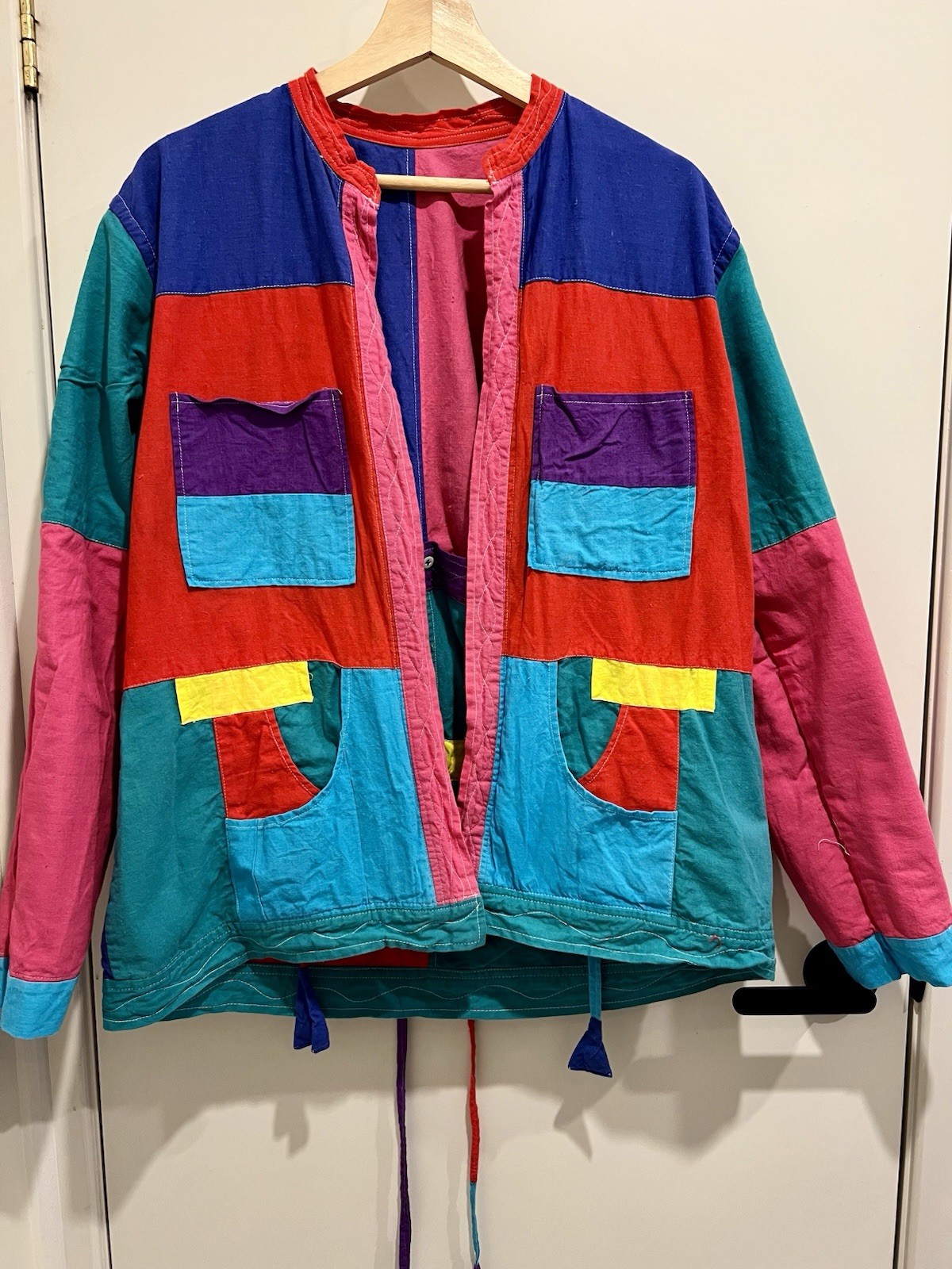 Vintage Handmade Retro 2-in-1 Reversible Patch Color Block Jacket Robe Size M/L.
