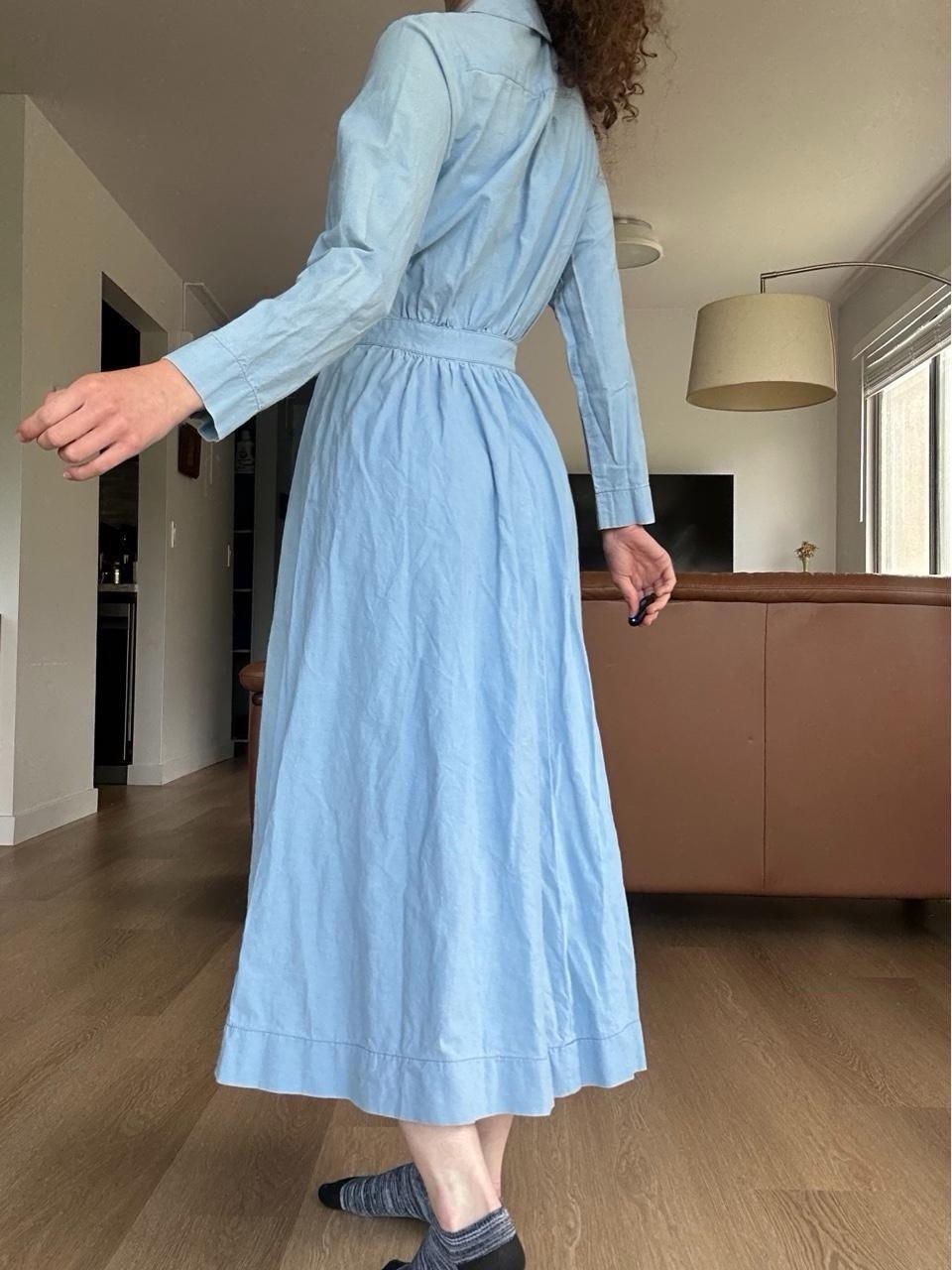 Vintage 1970s Handmade Western Chambray Dress Peter Pan Collar