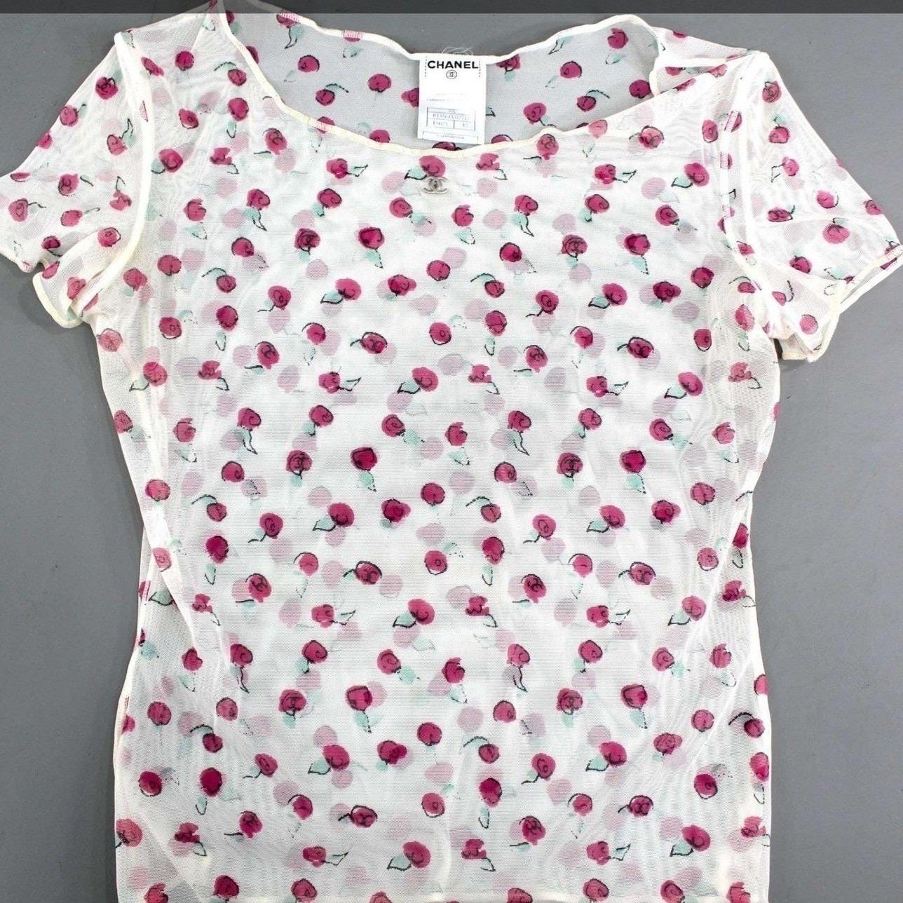 Chanel Vintage 99S Cherry Print Mesh Top White Pink CC Logo Sheer Blouse FR 40