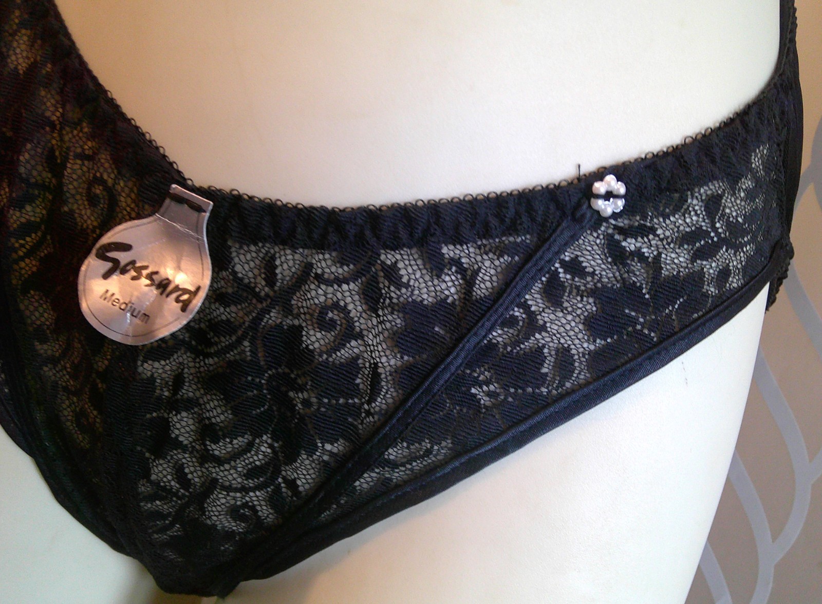NWT Vtg « Gossard » High-Cut Lace Panel/Pearl Beads PANTY Style 1933 n Black Sz M
