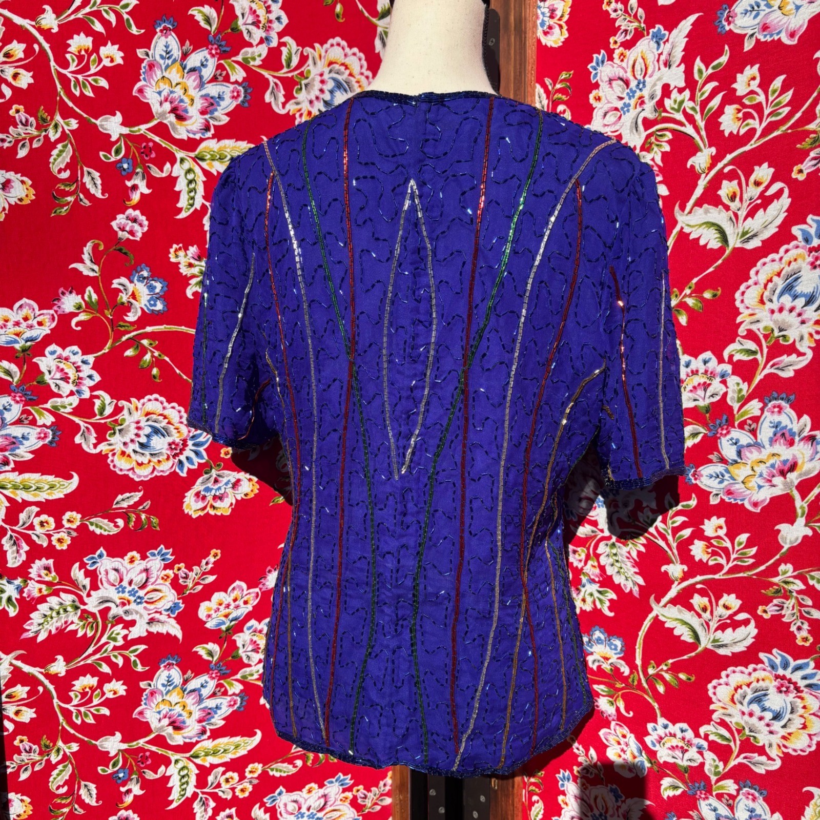 VTG 90&rsquo;s 100% Silk Blue Beaded Multicolor Boho Chic Glam Blouse Women&rsquo;s Size L