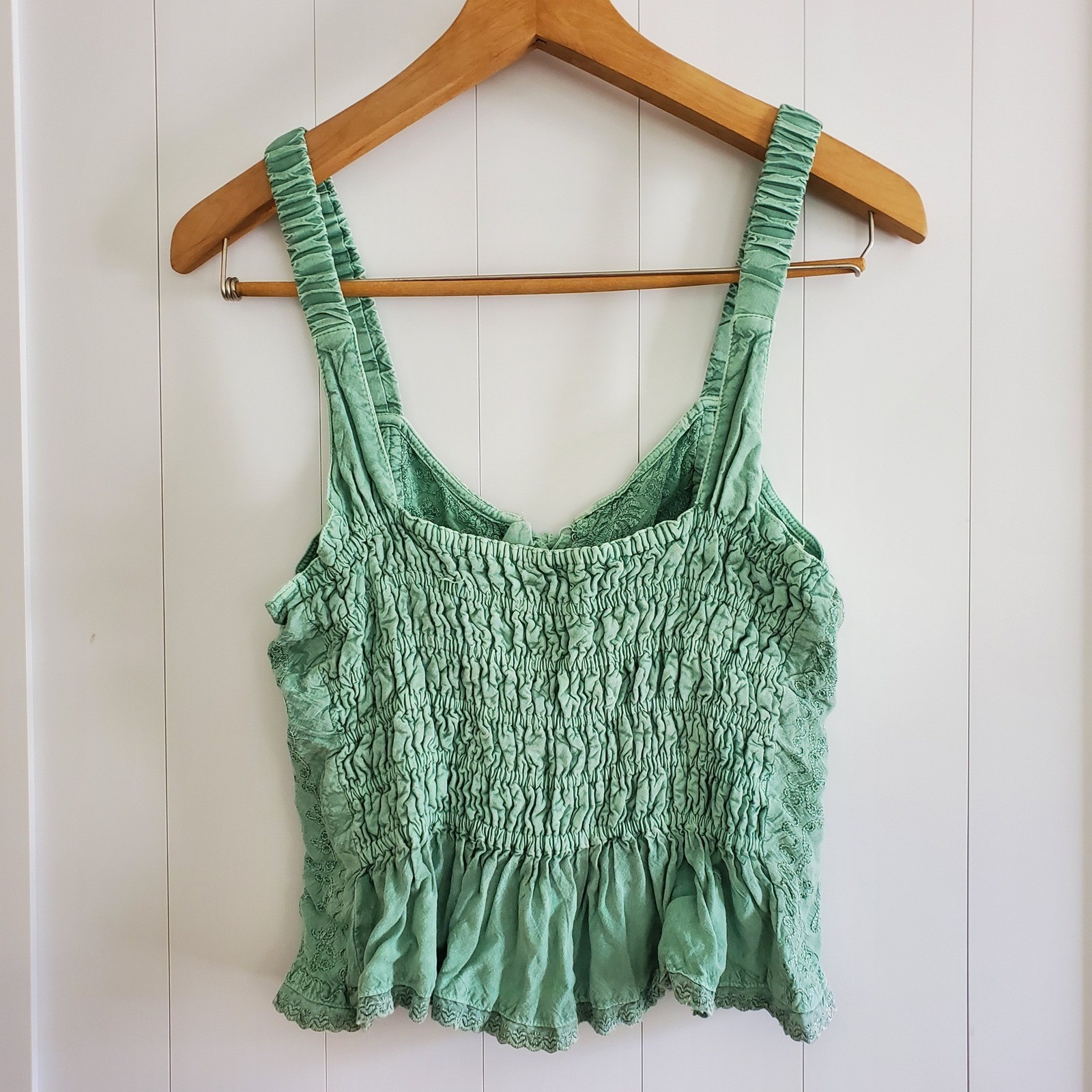 Vintage Y2K Boho Sage Green Embroidered Lace Up Cami Corset Top Free Size Hippie