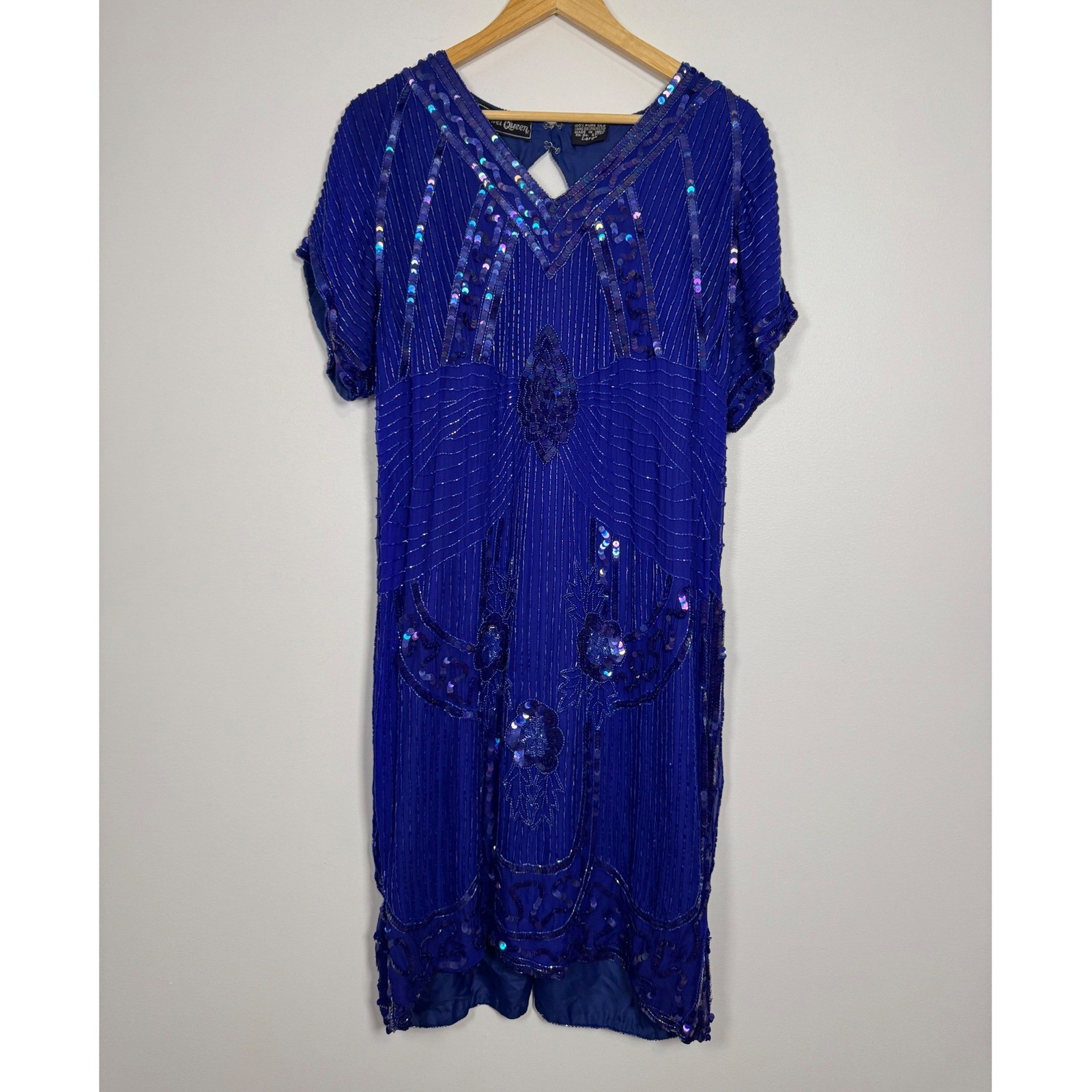 Art Deco Vintage Jewel Queen Beaded Silk Flapper Dress Womens Large Royal Blue