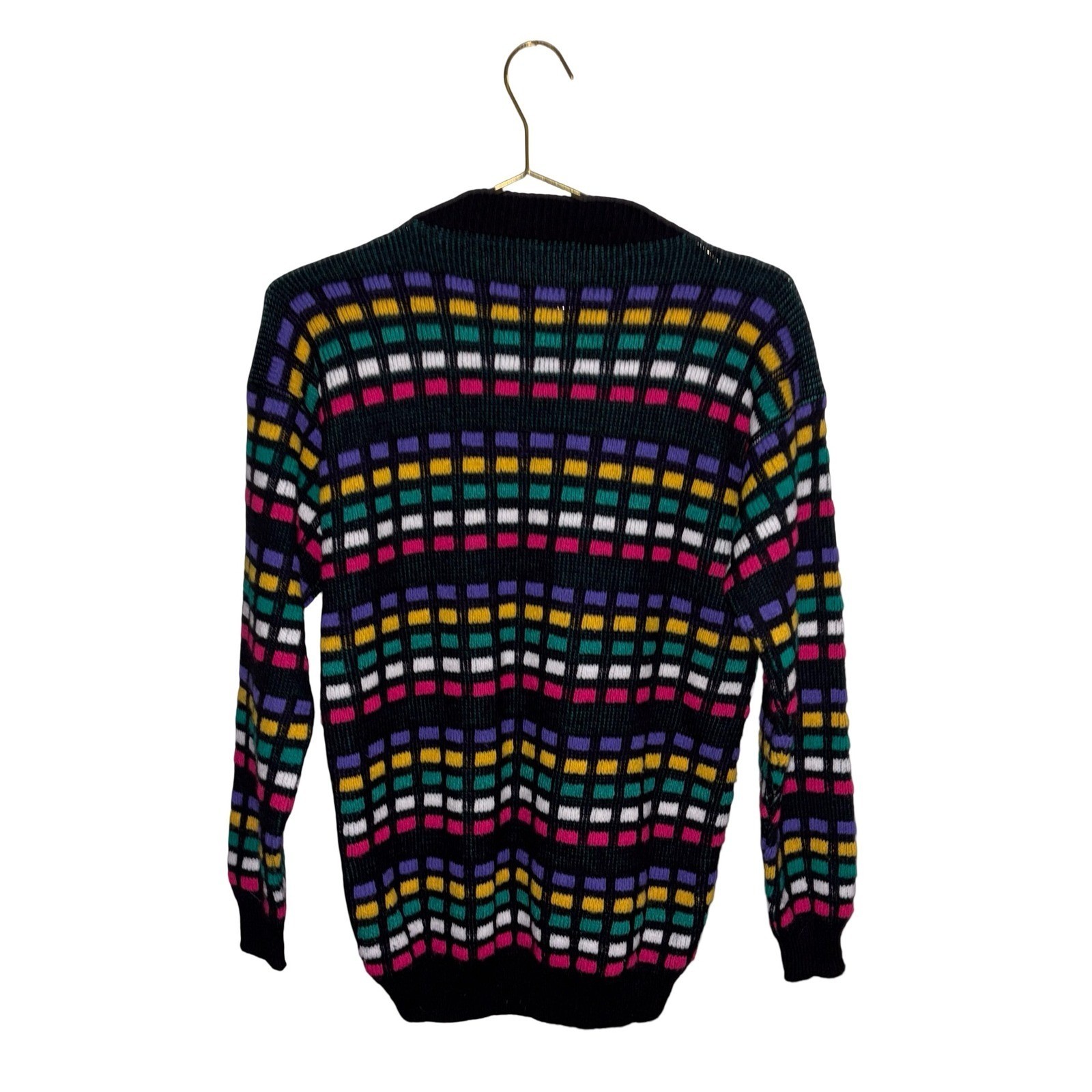 Vintage Geometric Knit Sweater Multi-Color Block Crewneck Pullover Size Large