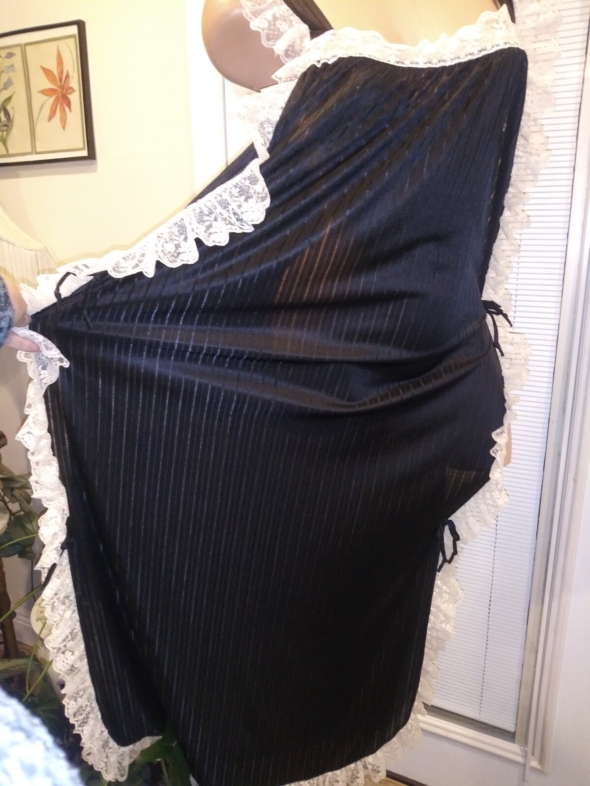 Vtg Silky Jet Black Nightgown Wide Frilly Lace sissy SHIMMERY DRESSING gown m 42