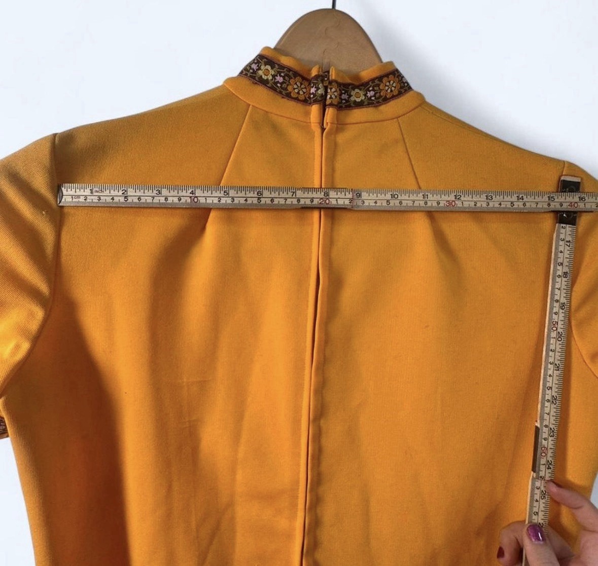 SMALL 1960s-70s Homemade Gold Mustard Short Sleeve Dress with Embroidered Trim