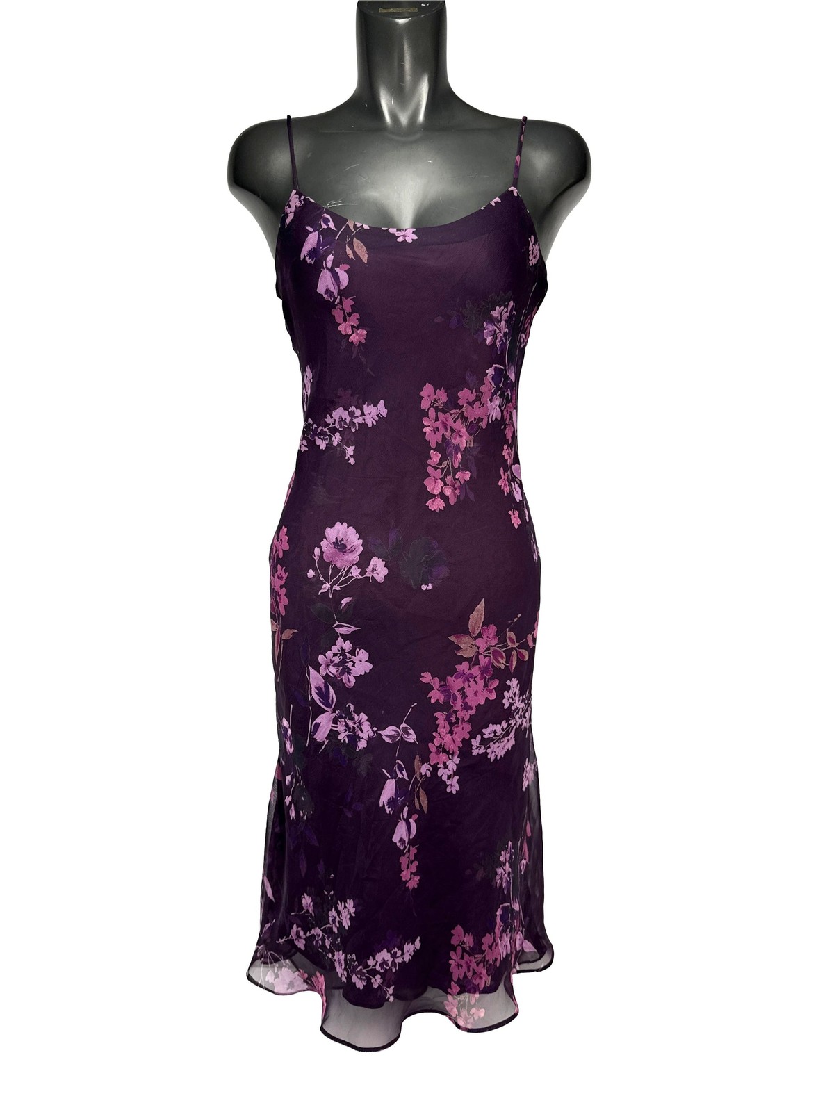 Vintage 90&rsquo;s Cottagecore Floral Bias Cut Overlay Purple Pink Midi Slip Dress S/M