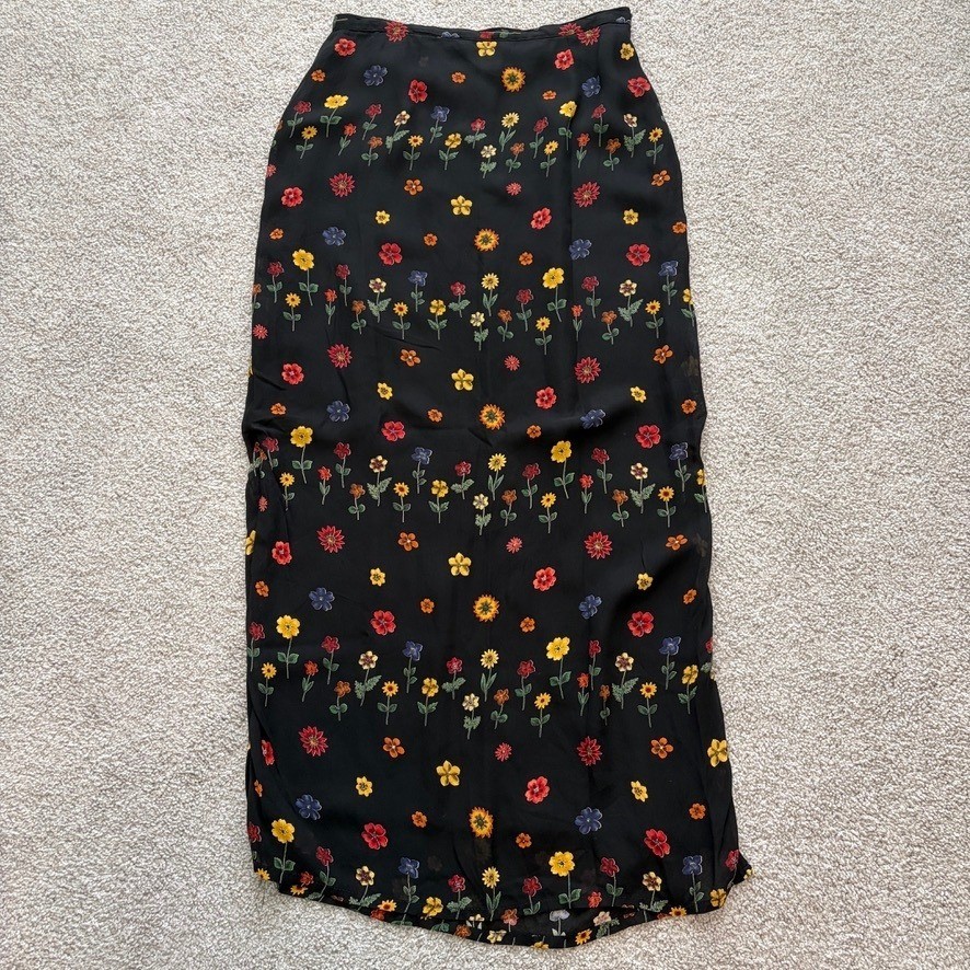 Vintage Harolds Wildflower Floral Midi Skirt Womens 6 Black 90s Cottage Festival