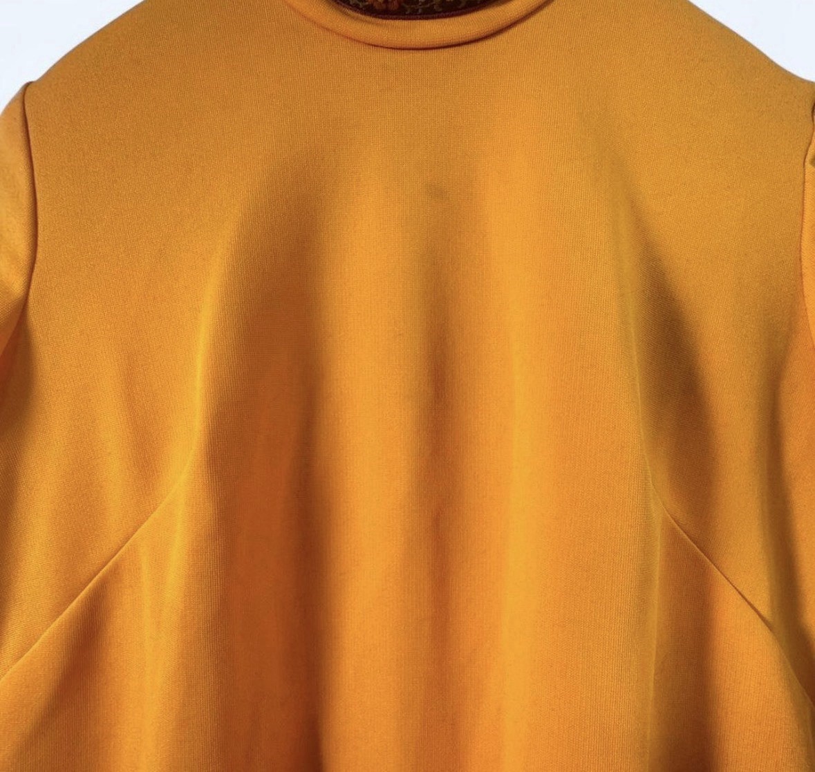 SMALL 1960s-70s Homemade Gold Mustard Short Sleeve Dress with Embroidered Trim