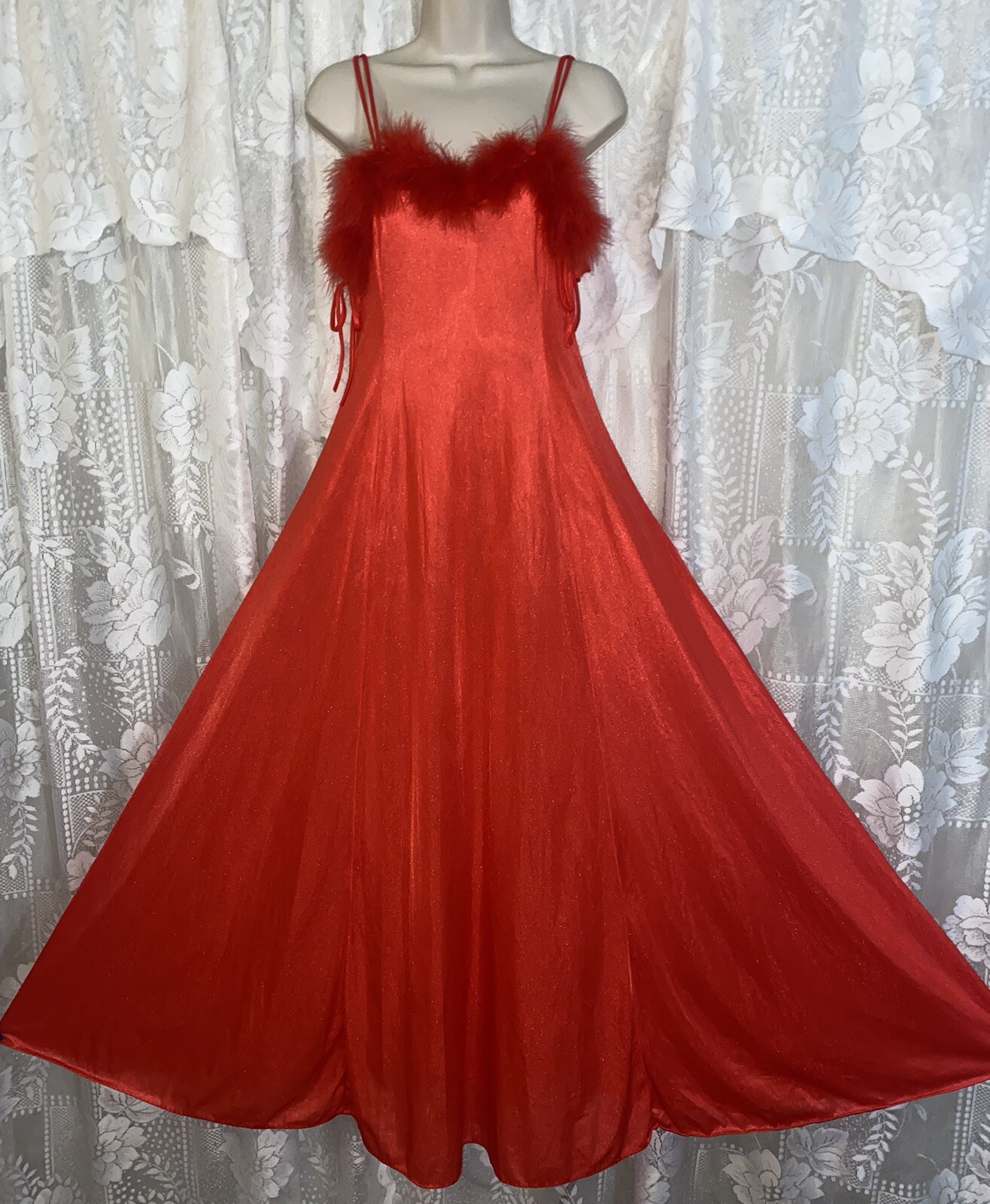 VTG M TRUE RED Nylon Full Sweep Glamour Nightgown Negligee w Real Marabou Trim