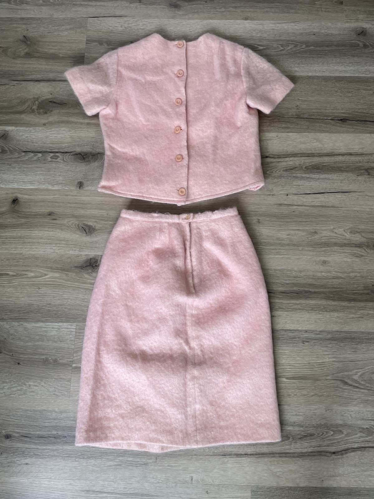 Vintage 1960s Bobbie Brooks Pink Angora Wool Skirt Suit Set USA Women&rsquo;s 2 Pc
