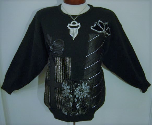 VINTAGE 80s GLAM BLACK SEQUIN SATIN LACE EMBELLISHED CHRISTMAS PRESENT SWEATER M