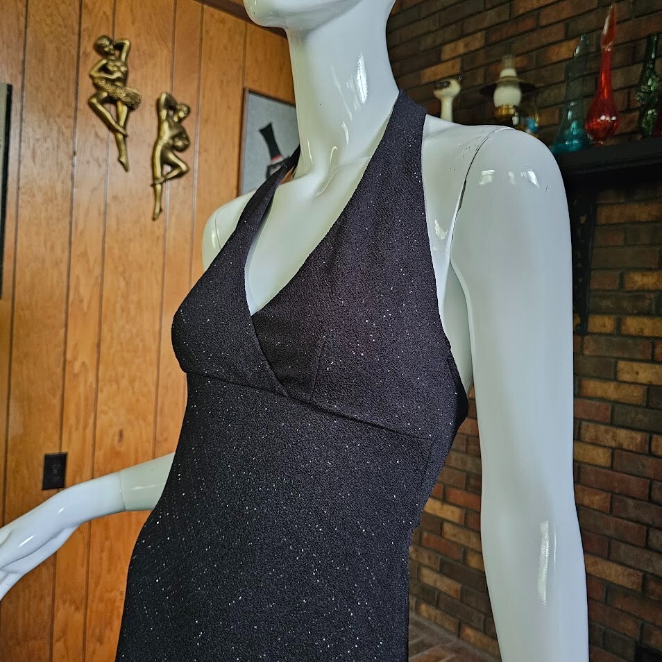 Vtg 80s Silver Glitter Goth Mermaid Backless Halter Dress Evening Prom Gown S