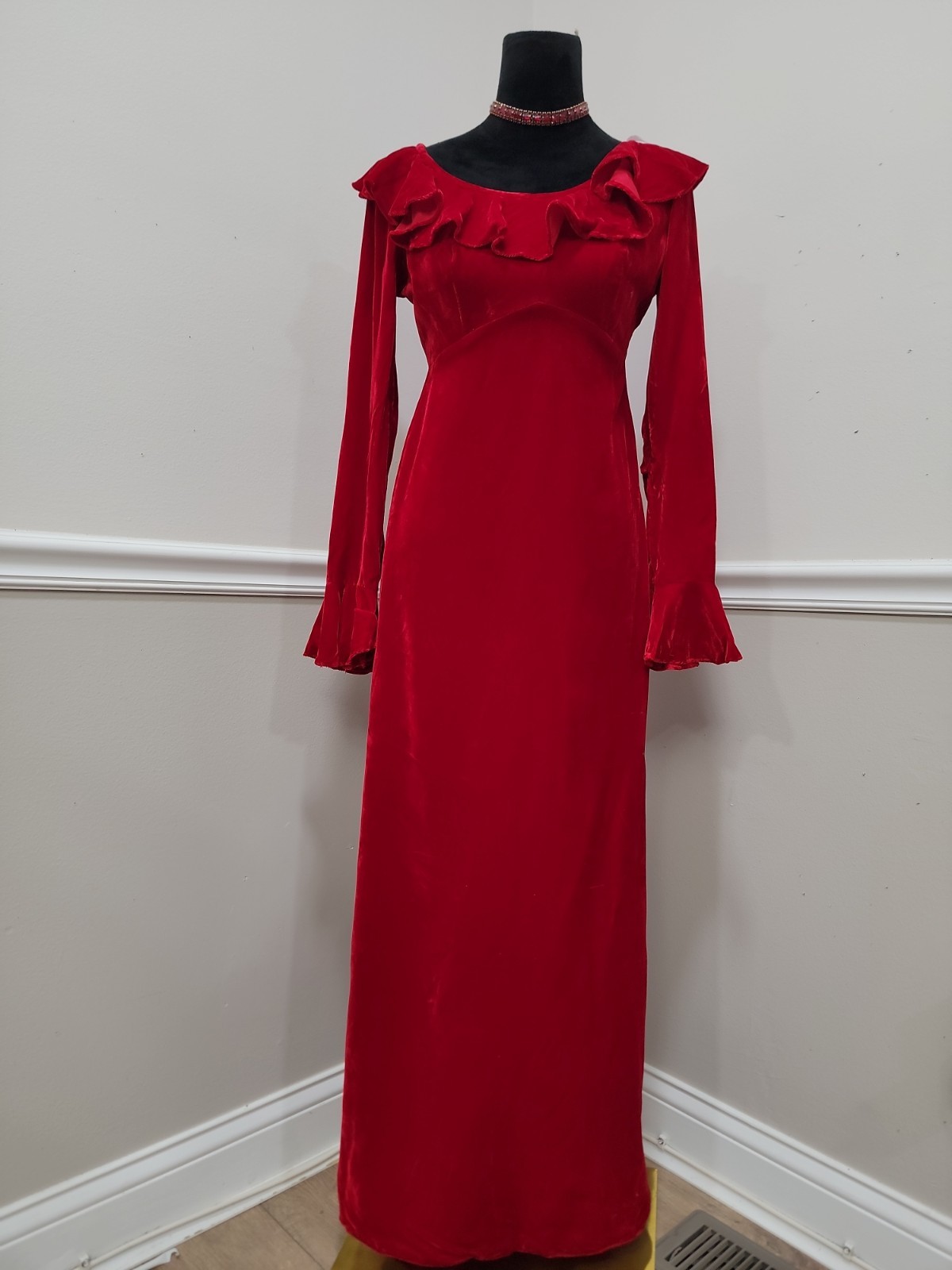 Vintage 60s Red Velvet Maxi Dress Empire Waist Ruffle Holiday Formal Gown S/