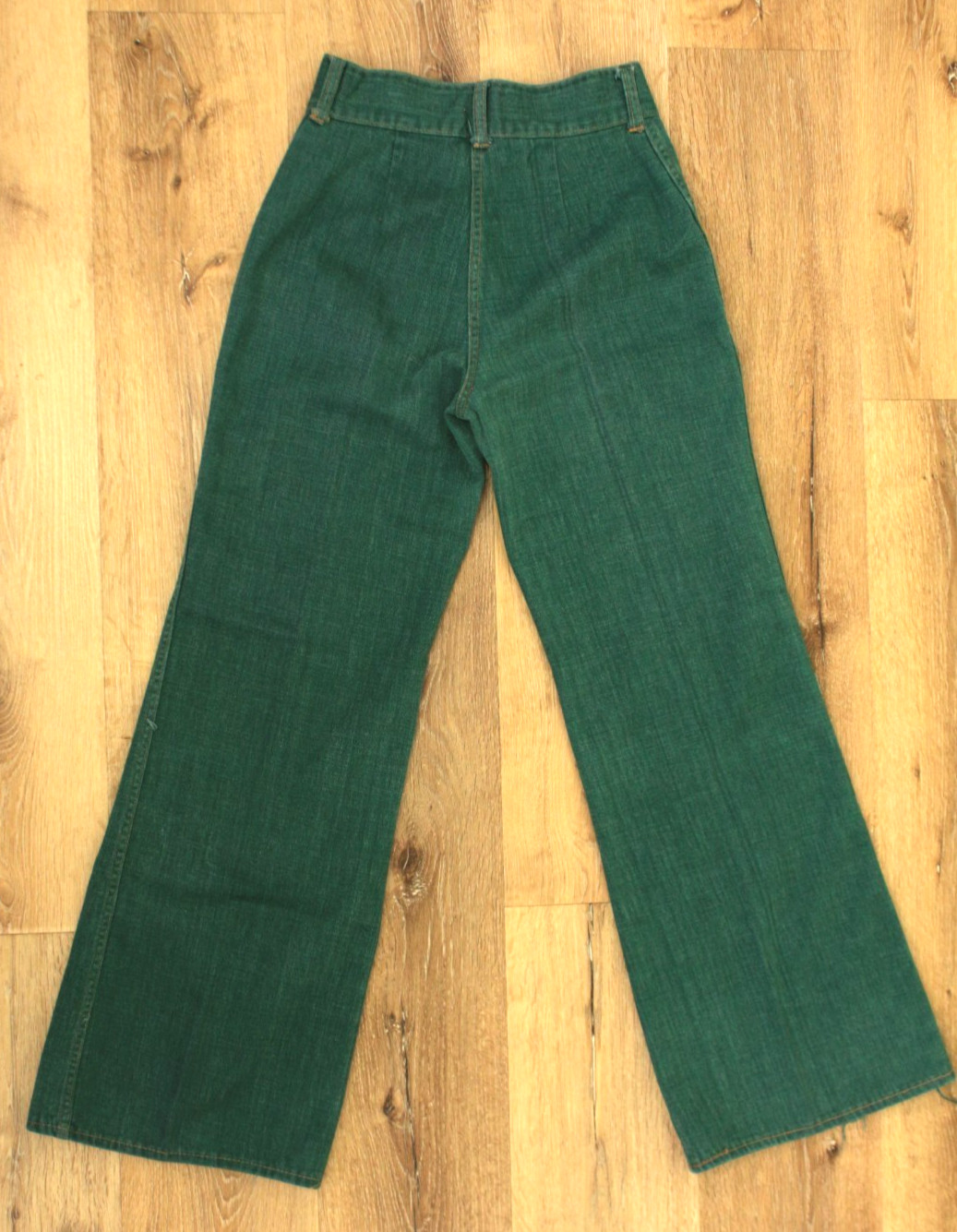 VTG Womens 70s Hunter Green Denim Snap Button Fly Bell Bottom Jeans Sz 28&Prime; 1970s