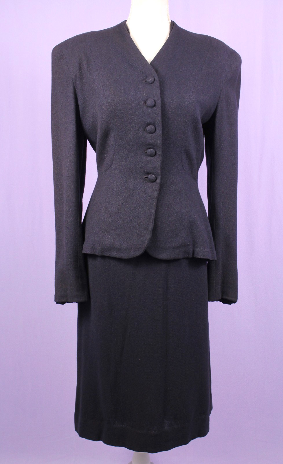 VTG Women&rsquo;s 50s 2 Pc Navy Blue Wool Dress Suit / Jacket & Skirt Set Sz M 1950s