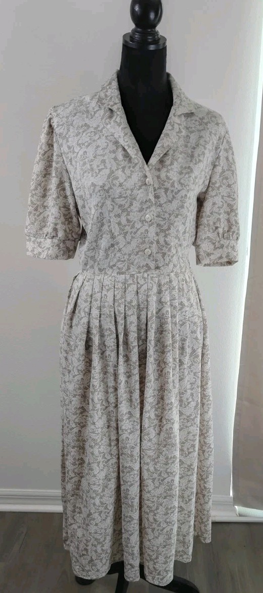 VTG 80s Hornes Pour La Femme Dress 12 M L Made in Britain Toile Prairie Midi