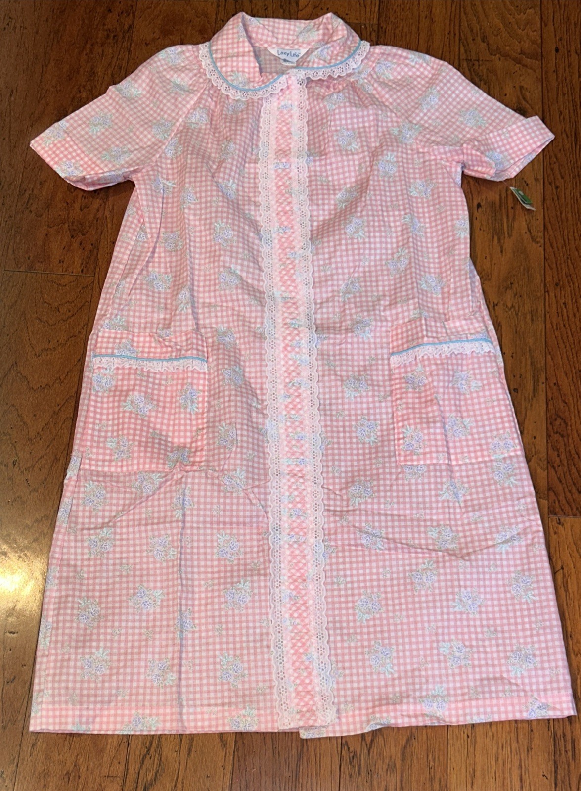 VINTAGE Mervyns Lazy Life Pink Gingham Pastel Floral House Dress Snap Front NWT
