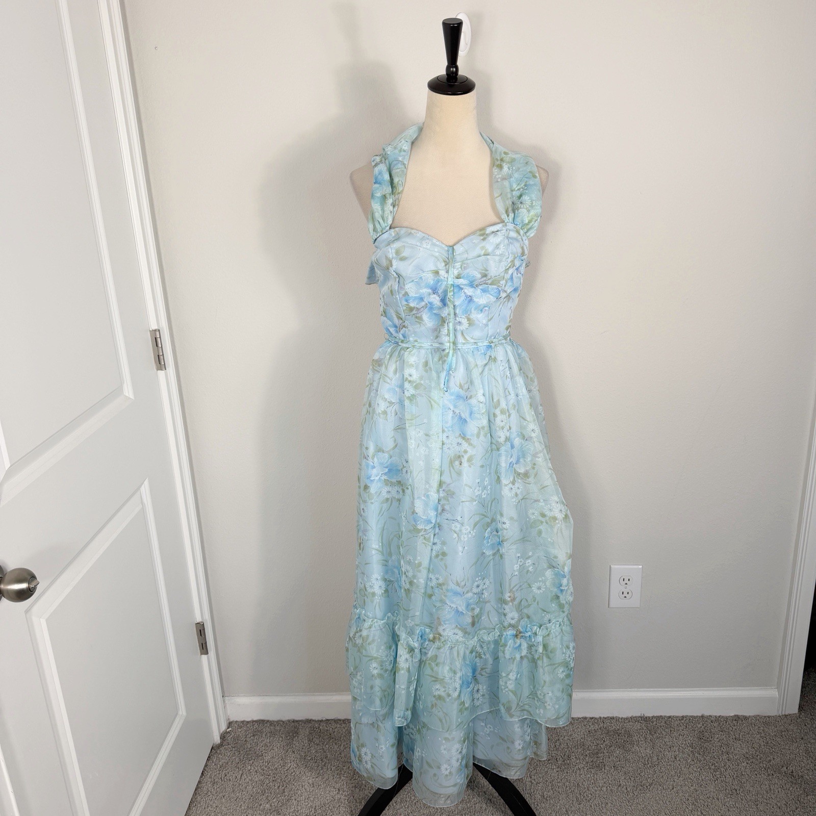 Vintage 70s Chiffon Blue Floral Maxi Dress Prom Shoulder Strap Feminine Dainty