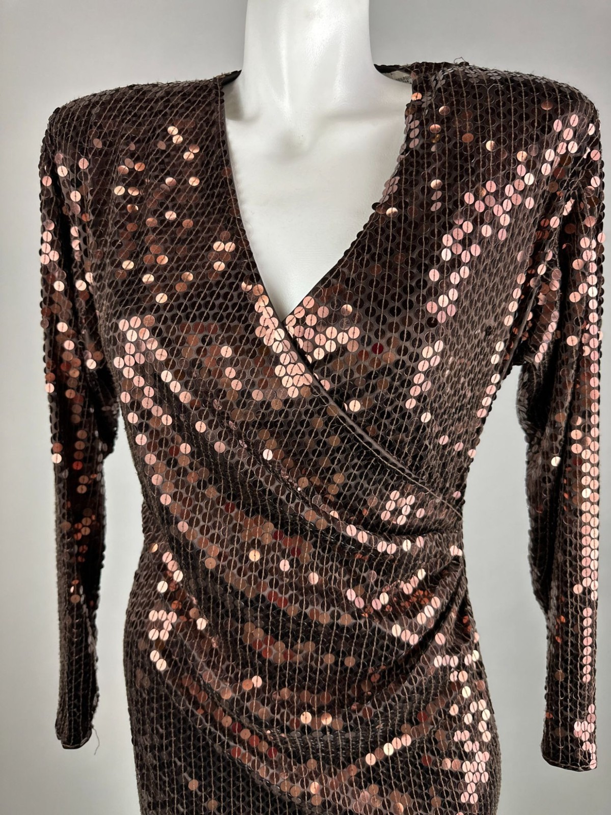 Vintage 80s Oleg Cassini Sequin Dress Brown Bronze Copper Long Sleeve Dynasty 8