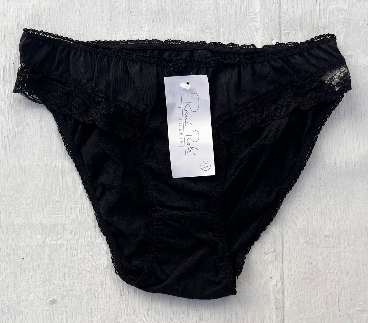 NWT Vtg 80s Rene Rofe Panties Black Hong Kong Lace Front Size L/7 Cotton Rayon