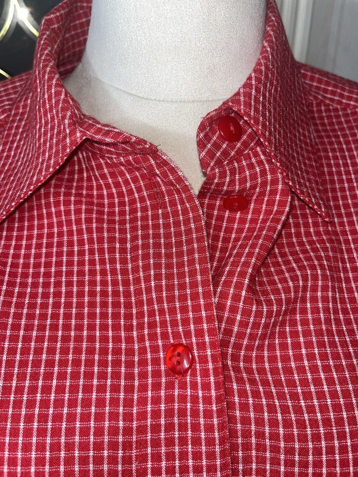 TanJay 18W Red White Gingham Embroidered Button Front Blouse Plus Size Retro