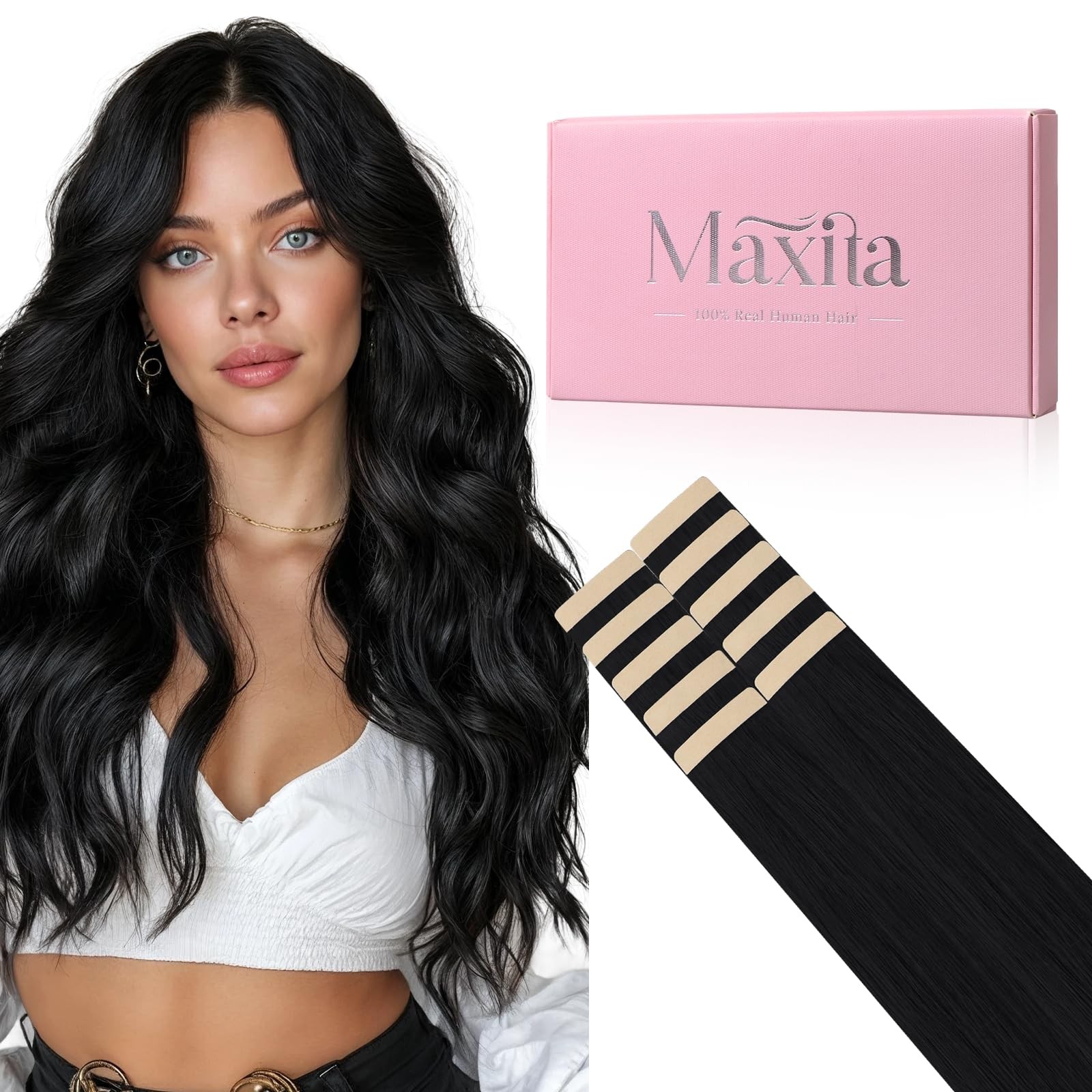 MAXITA 22&Prime; Jet Black Remy Human Tape-in Hair Extensions 10pcs 30g